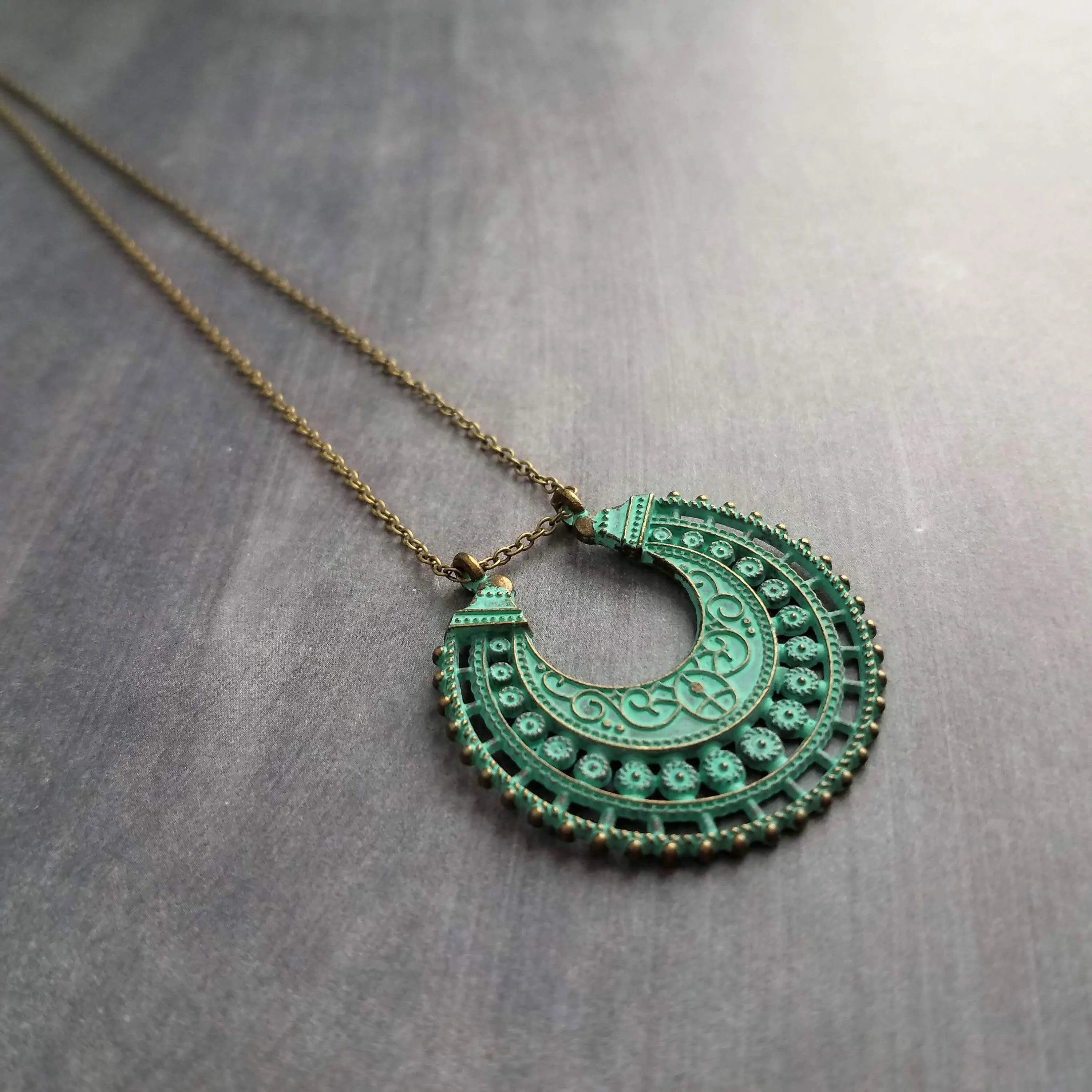 Crescent Moon Necklace, verdigris patina necklace, semicircle pendant, bronze necklace, medallion pendant, filigree pendant necklace, green