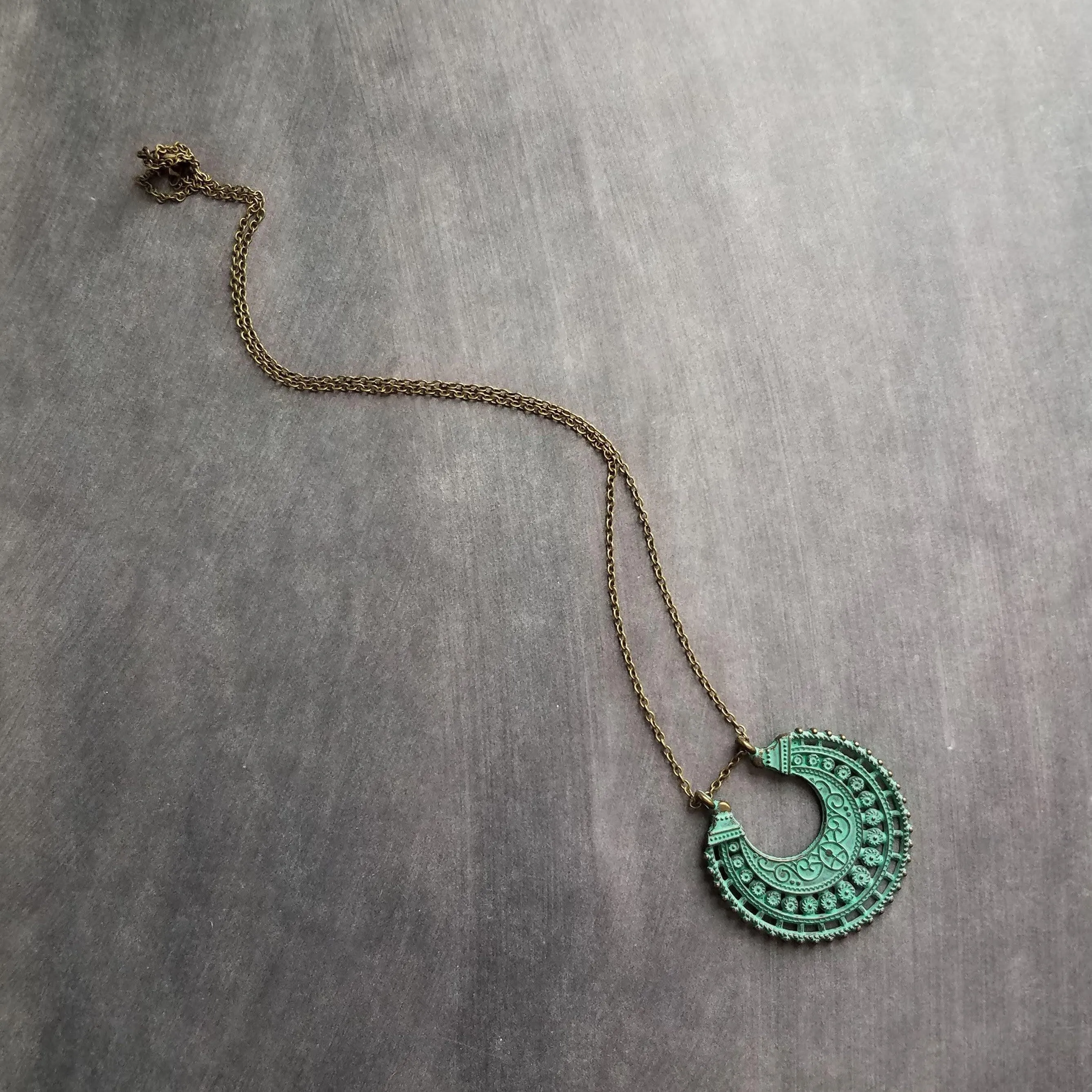 Crescent Moon Necklace, verdigris patina necklace, semicircle pendant, bronze necklace, medallion pendant, filigree pendant necklace, green