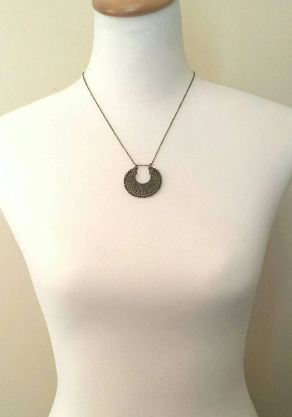 Crescent Moon Necklace, verdigris patina necklace, semicircle pendant, bronze necklace, medallion pendant, filigree pendant necklace, green