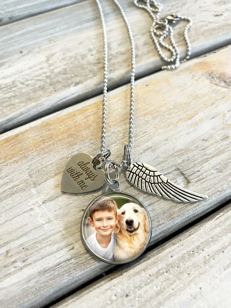 Custom Photo Memorial Necklace with angel wing and heart charm