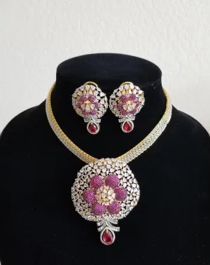 Cz Classic Pendant Set With 2 Tone Plating Ruby SR 77