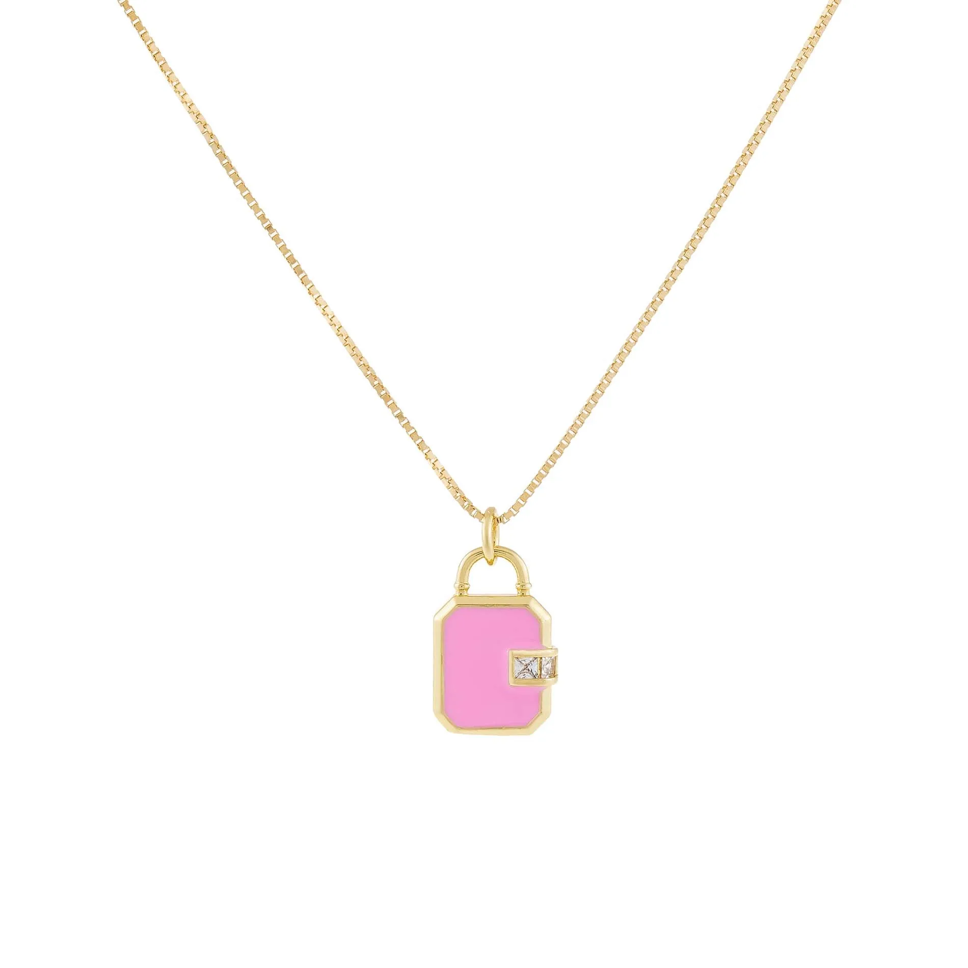 CZ Enamel Lock Charm Necklace