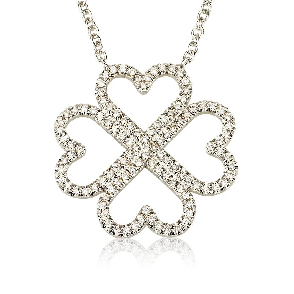 Diamond Heart-Shaped Four Leaf Clover Necklace Pendant