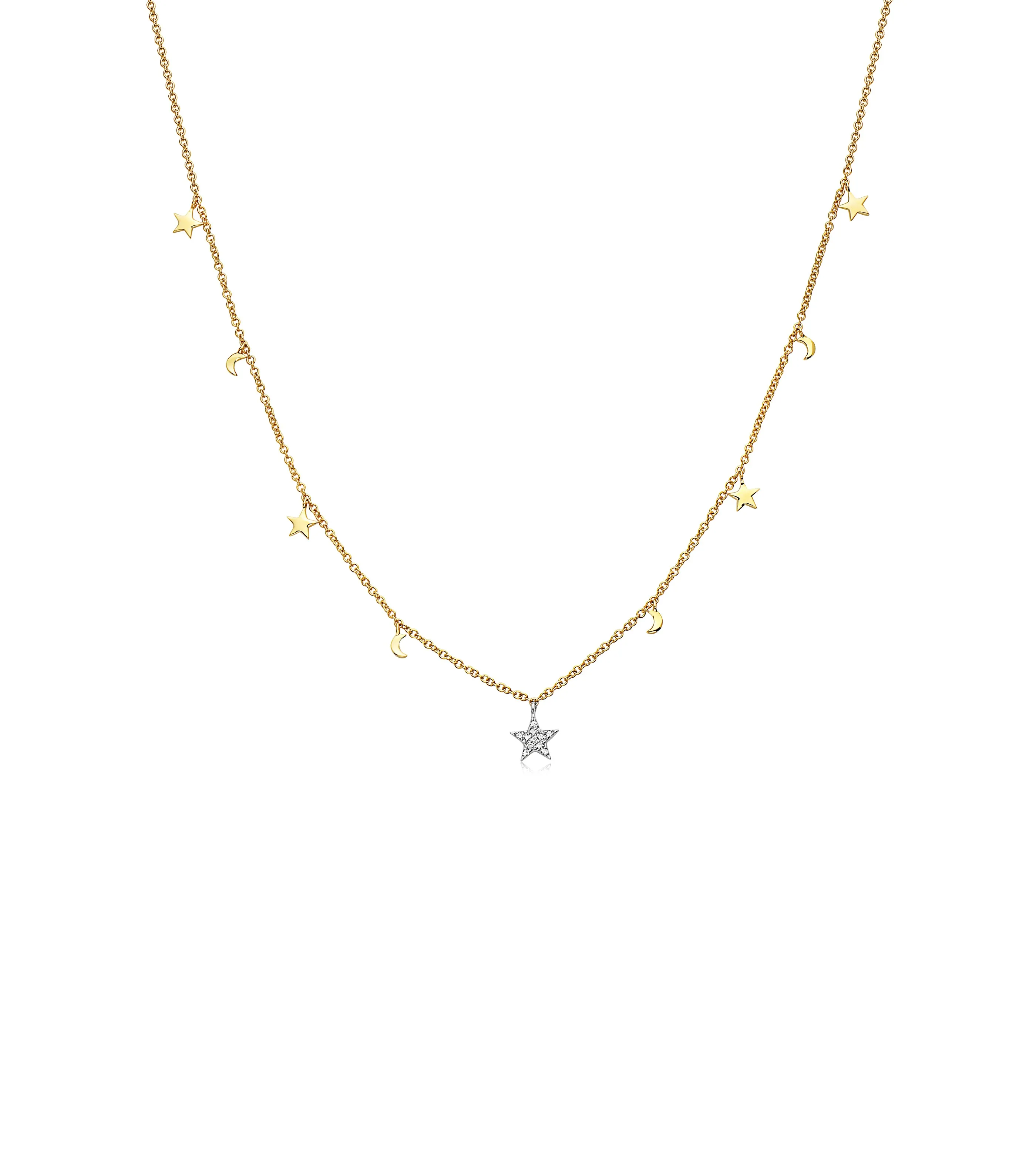 Diamond Star & Moon Charm Necklace
