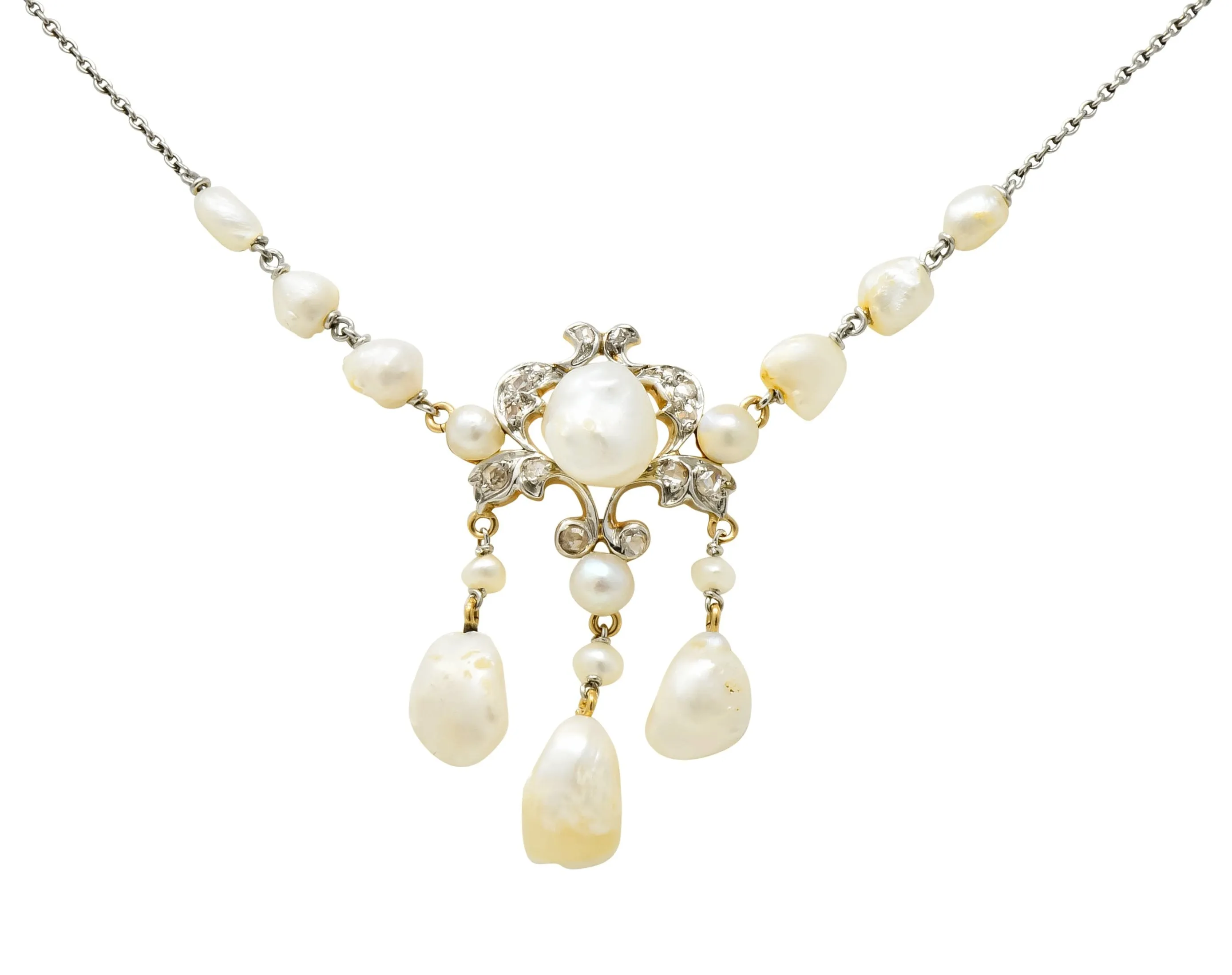 Edwardian Freshwater Natural Pearl Diamond Platinum-Topped 14 Karat Gold Drop Necklace