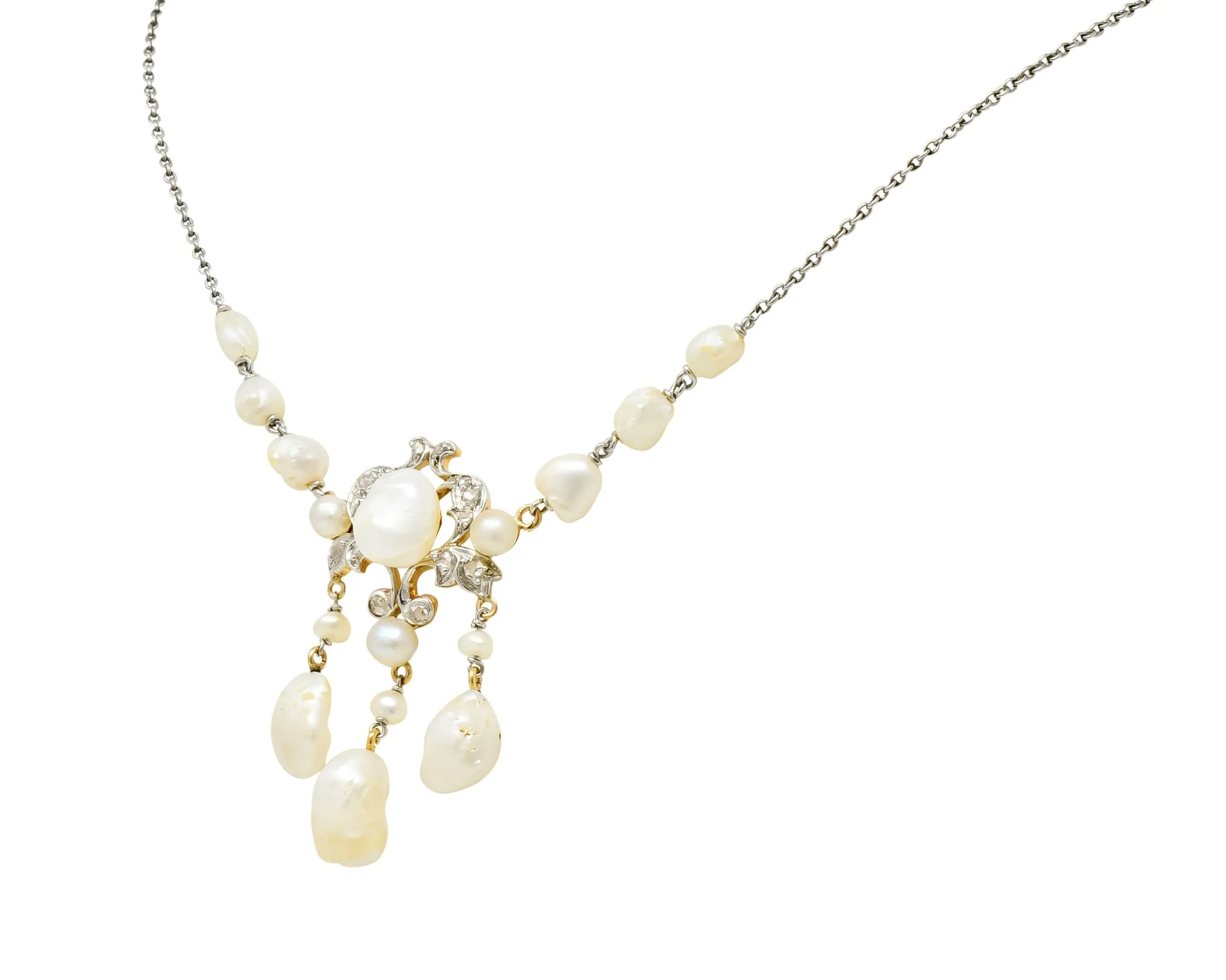 Edwardian Freshwater Natural Pearl Diamond Platinum-Topped 14 Karat Gold Drop Necklace