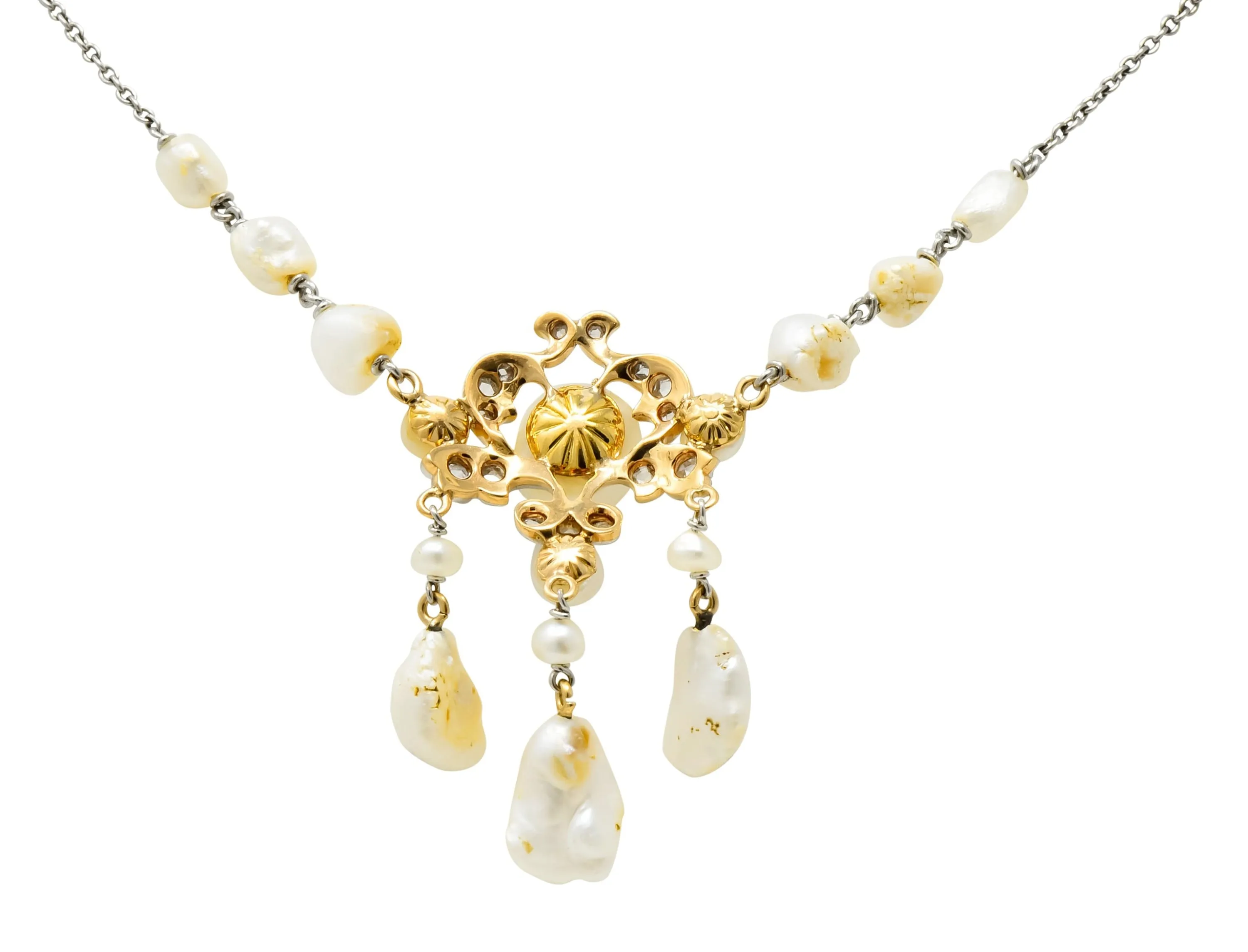 Edwardian Freshwater Natural Pearl Diamond Platinum-Topped 14 Karat Gold Drop Necklace
