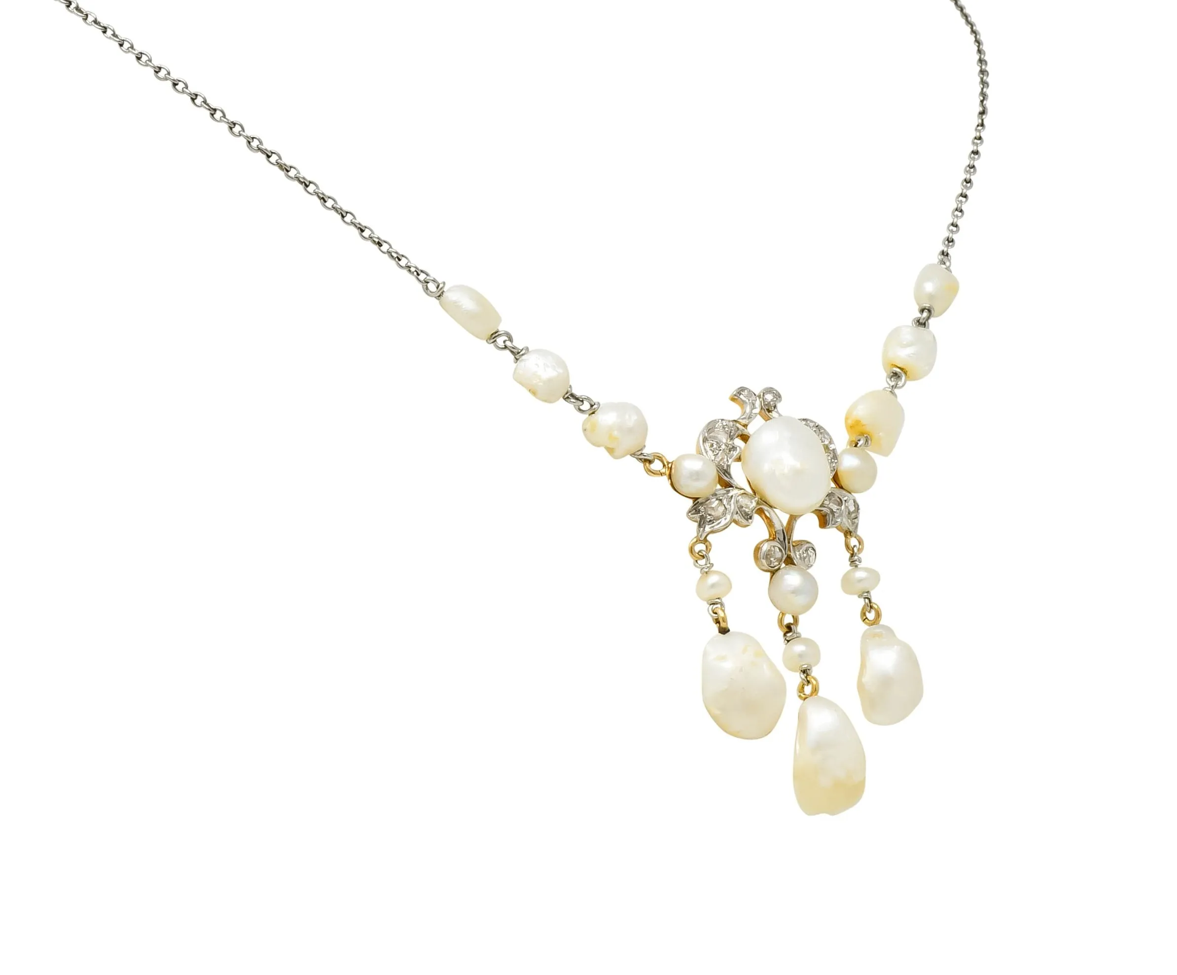 Edwardian Freshwater Natural Pearl Diamond Platinum-Topped 14 Karat Gold Drop Necklace