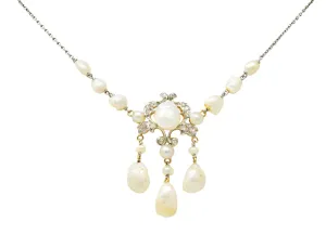 Edwardian Freshwater Natural Pearl Diamond Platinum-Topped 14 Karat Gold Drop Necklace