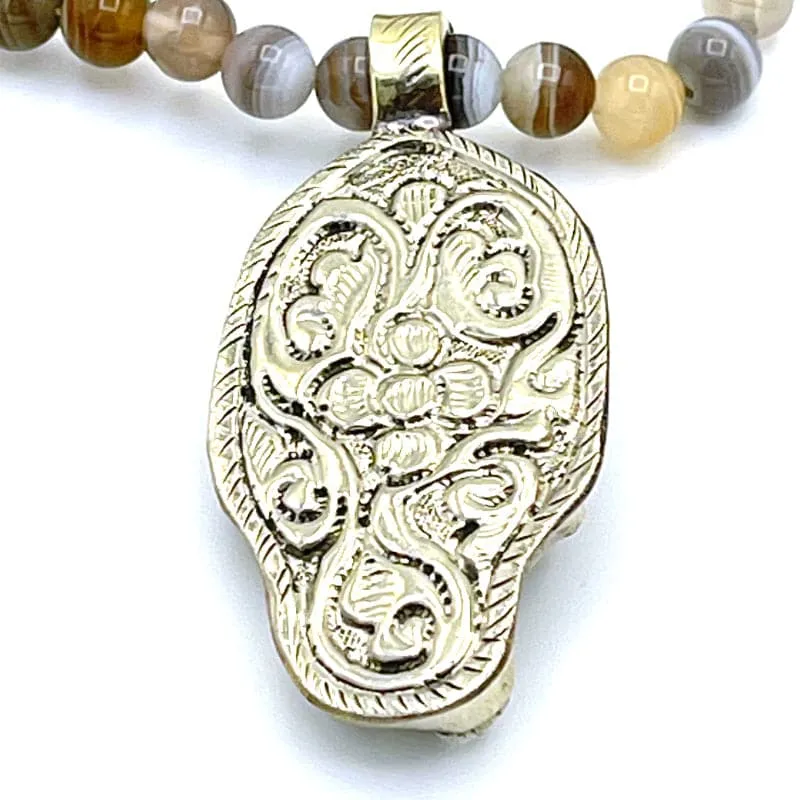 Elephant Lotus Flower Pendant Mala Necklace with Botswana Agate
