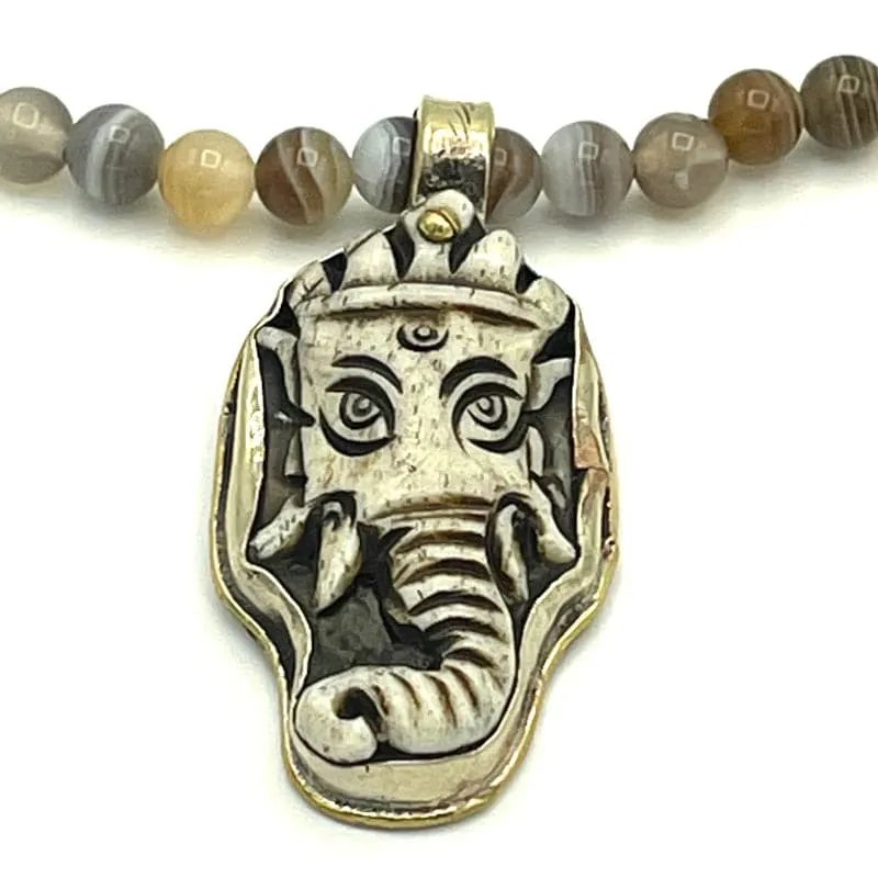 Elephant Lotus Flower Pendant Mala Necklace with Botswana Agate