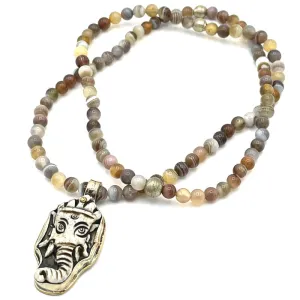 Elephant Lotus Flower Pendant Mala Necklace with Botswana Agate