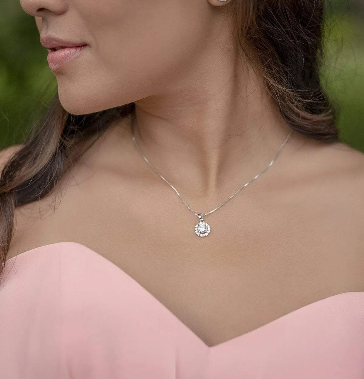 Emily Silver & Cubic Zirconia Halo Pendant Necklace - 16 - 18"