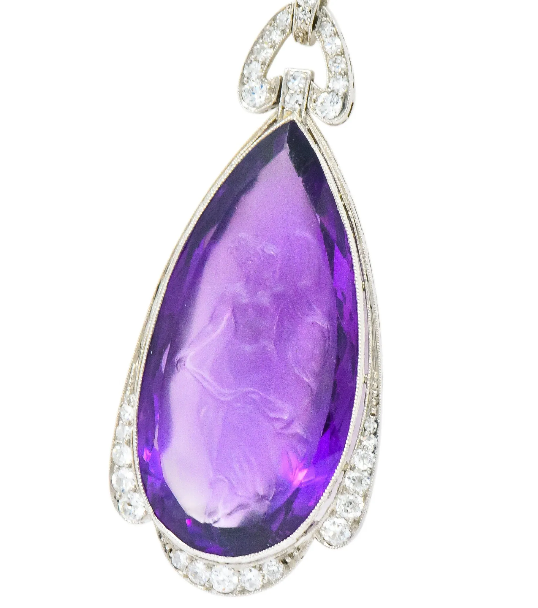 Enticing Edwardian Diamond Carved Amethyst Cameo Platinum Pendant Necklace