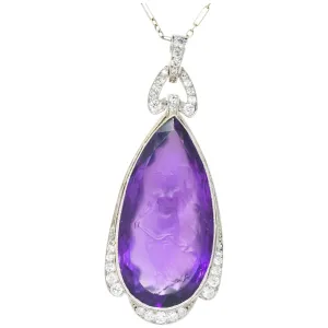 Enticing Edwardian Diamond Carved Amethyst Cameo Platinum Pendant Necklace