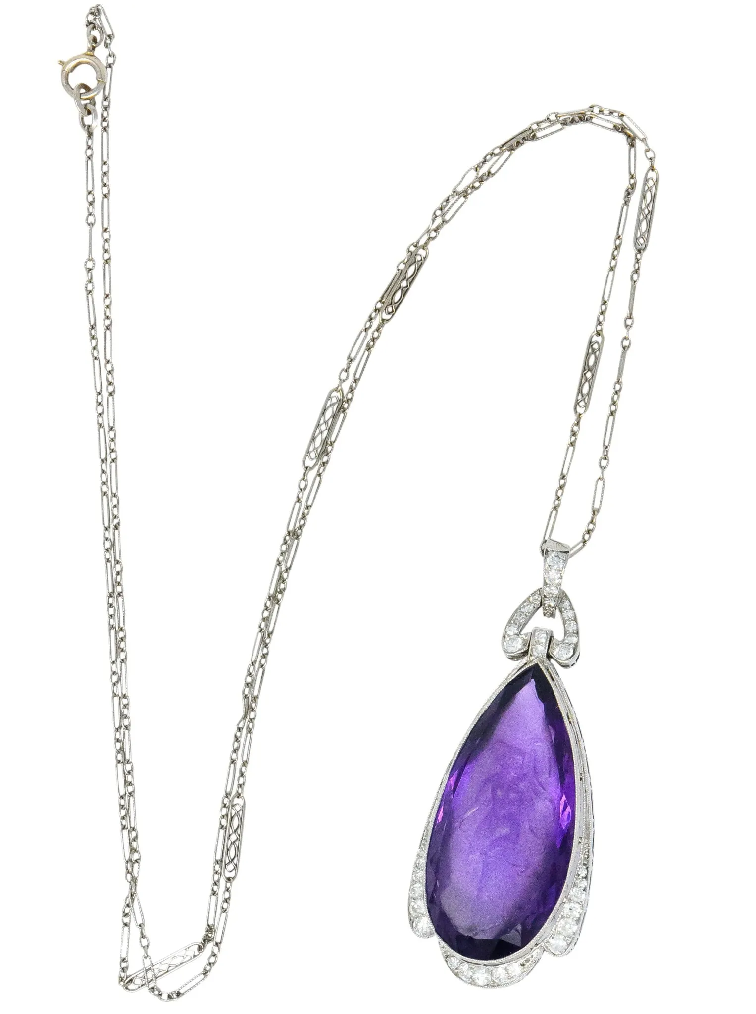 Enticing Edwardian Diamond Carved Amethyst Cameo Platinum Pendant Necklace