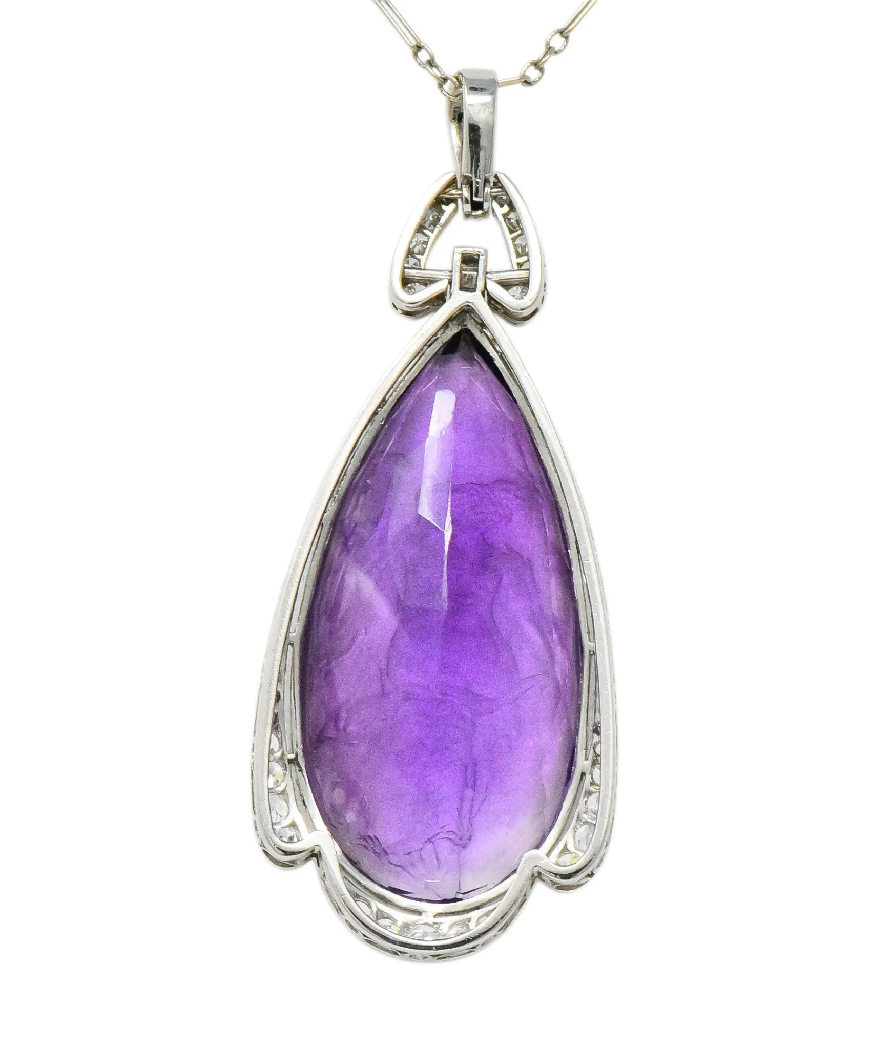 Enticing Edwardian Diamond Carved Amethyst Cameo Platinum Pendant Necklace