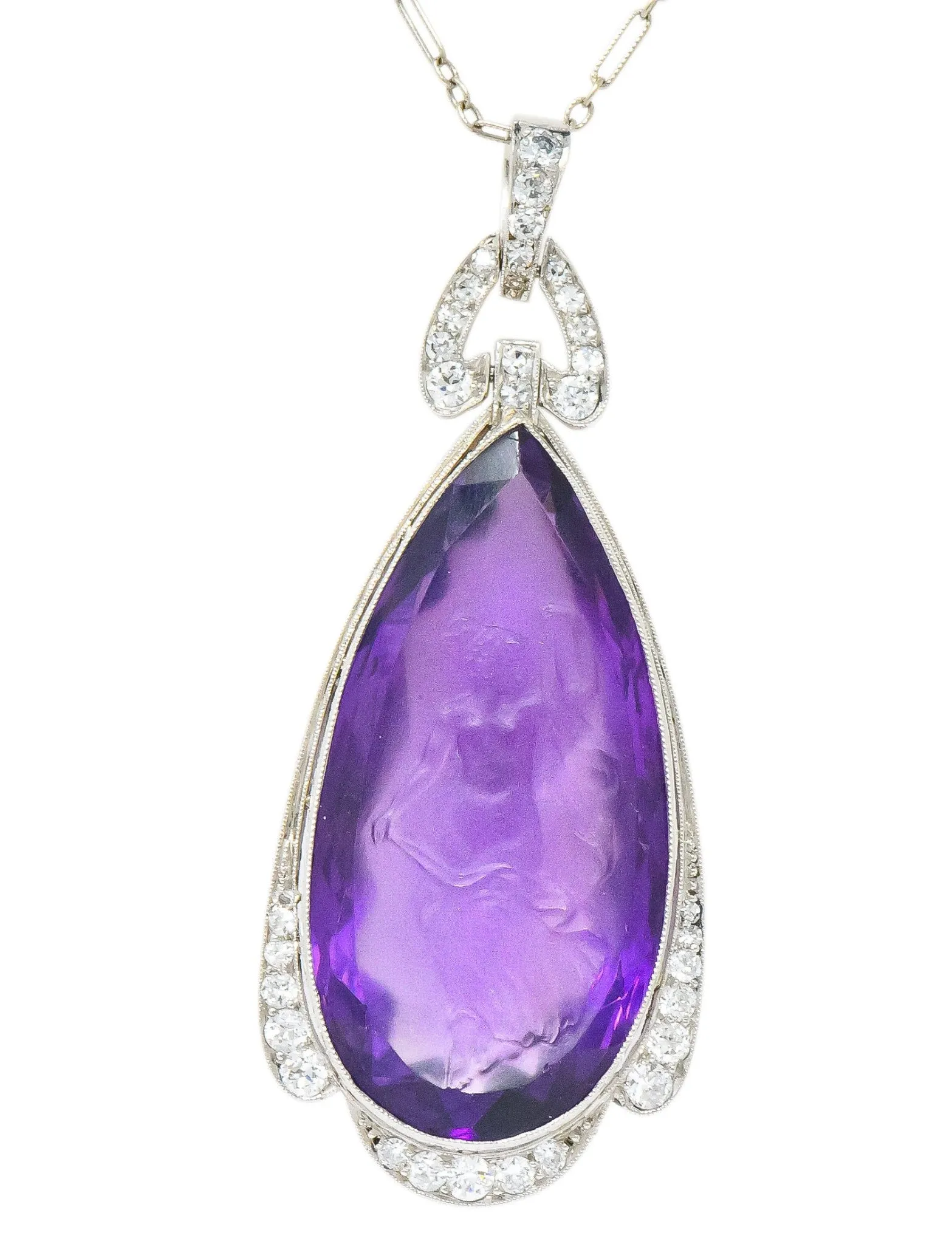 Enticing Edwardian Diamond Carved Amethyst Cameo Platinum Pendant Necklace