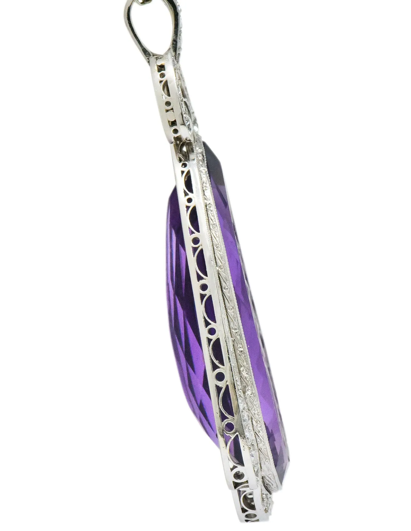 Enticing Edwardian Diamond Carved Amethyst Cameo Platinum Pendant Necklace