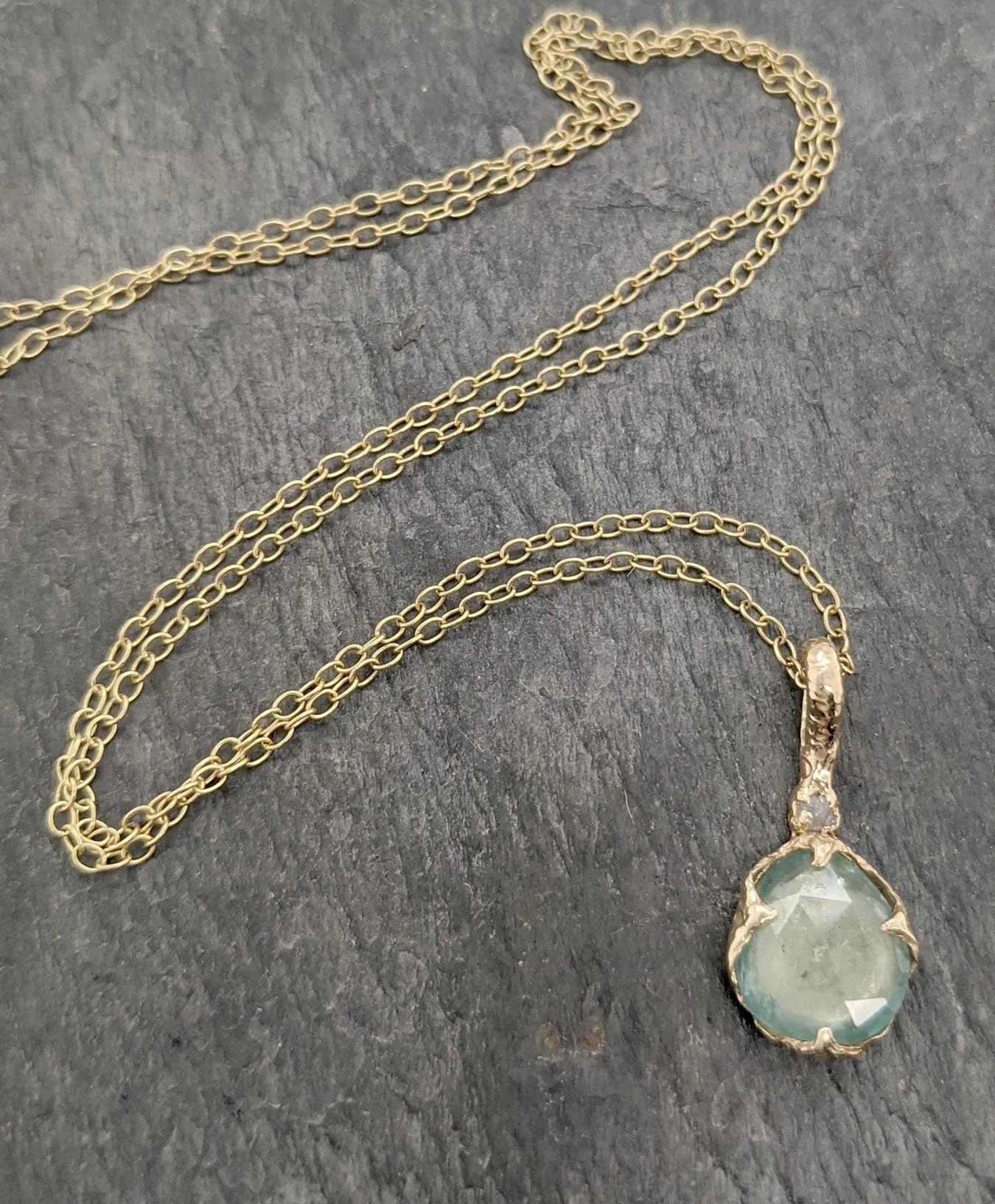 Fancy cut Tourmaline and rough diamond 14k gold Pendant green Gemstone Necklace gemstone Jewelry byAngeline 2088