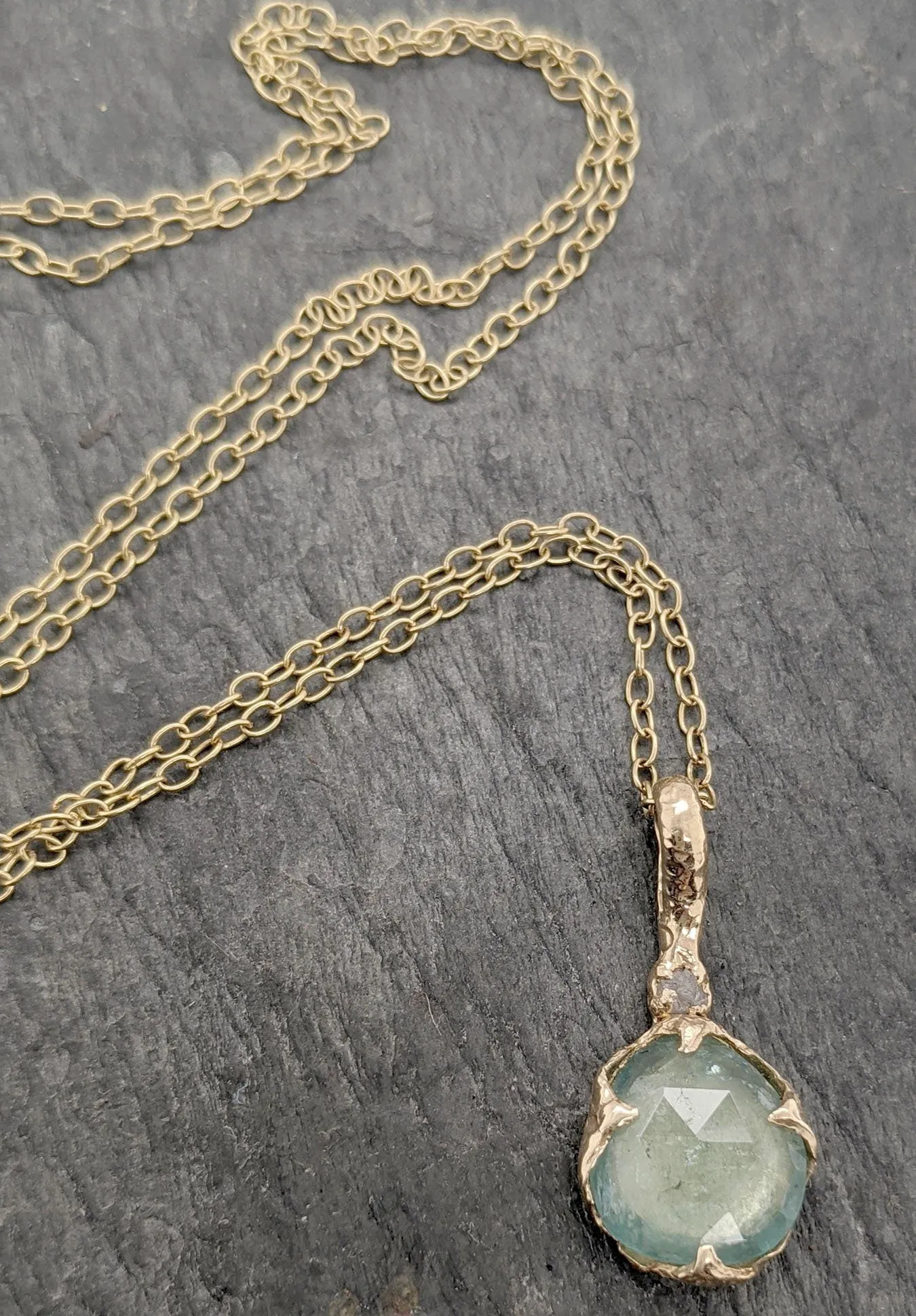 Fancy cut Tourmaline and rough diamond 14k gold Pendant green Gemstone Necklace gemstone Jewelry byAngeline 2088