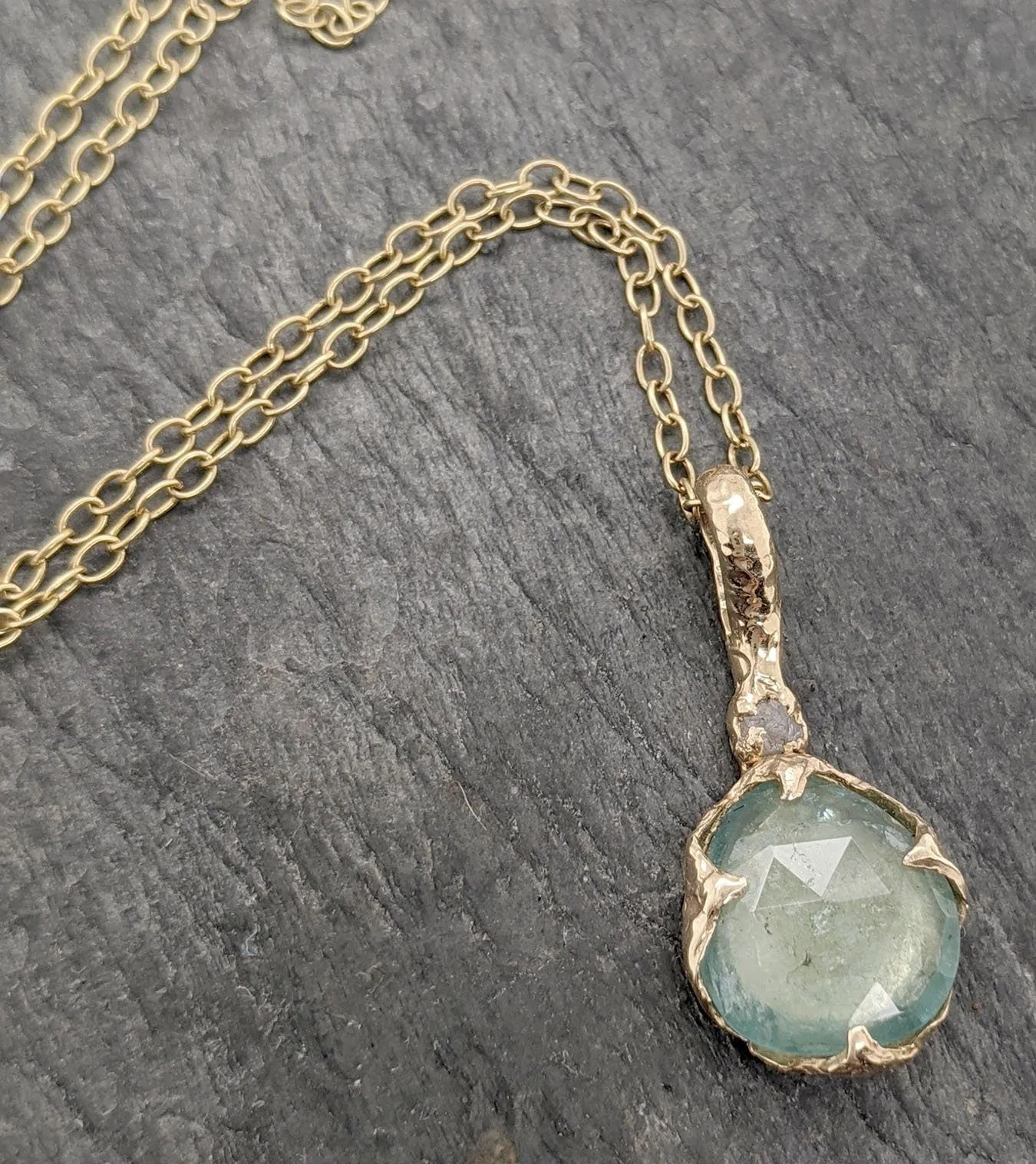Fancy cut Tourmaline and rough diamond 14k gold Pendant green Gemstone Necklace gemstone Jewelry byAngeline 2088