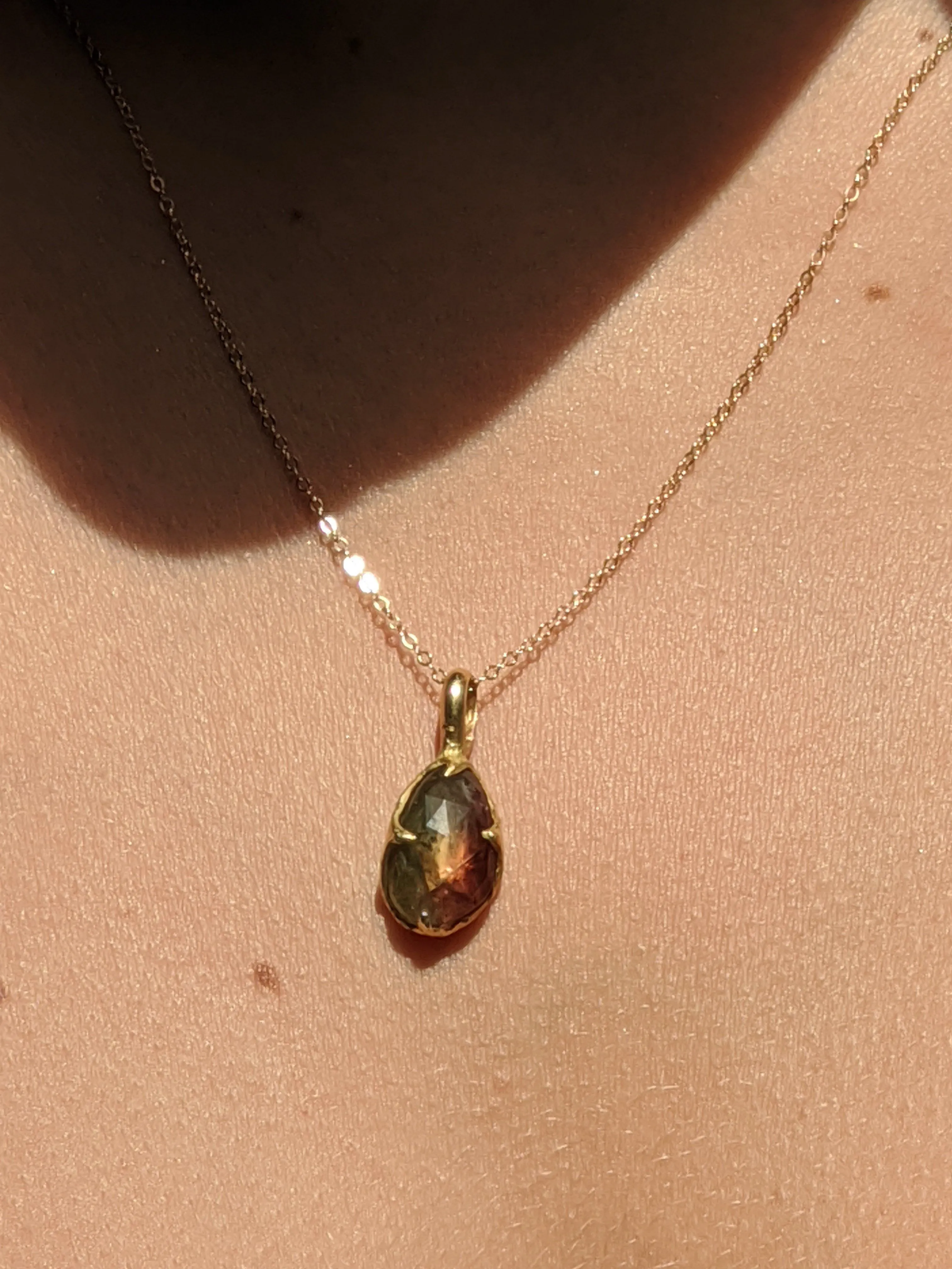fancy cut watermelon tourmaline 14k yellow gold pendant gemstone necklace gemstone jewelry byangeline 2239 Alternative Engagement
