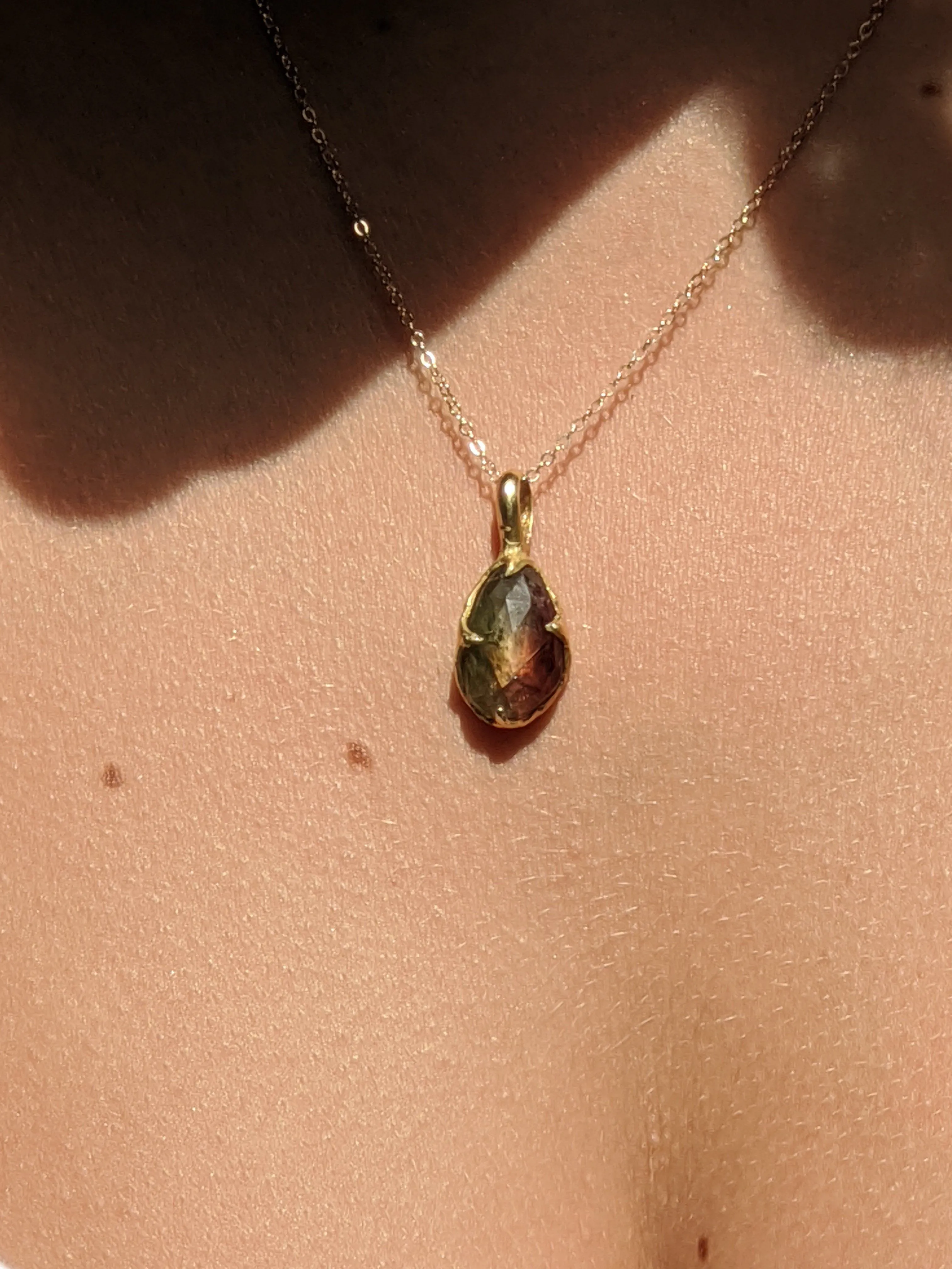 fancy cut watermelon tourmaline 14k yellow gold pendant gemstone necklace gemstone jewelry byangeline 2239 Alternative Engagement