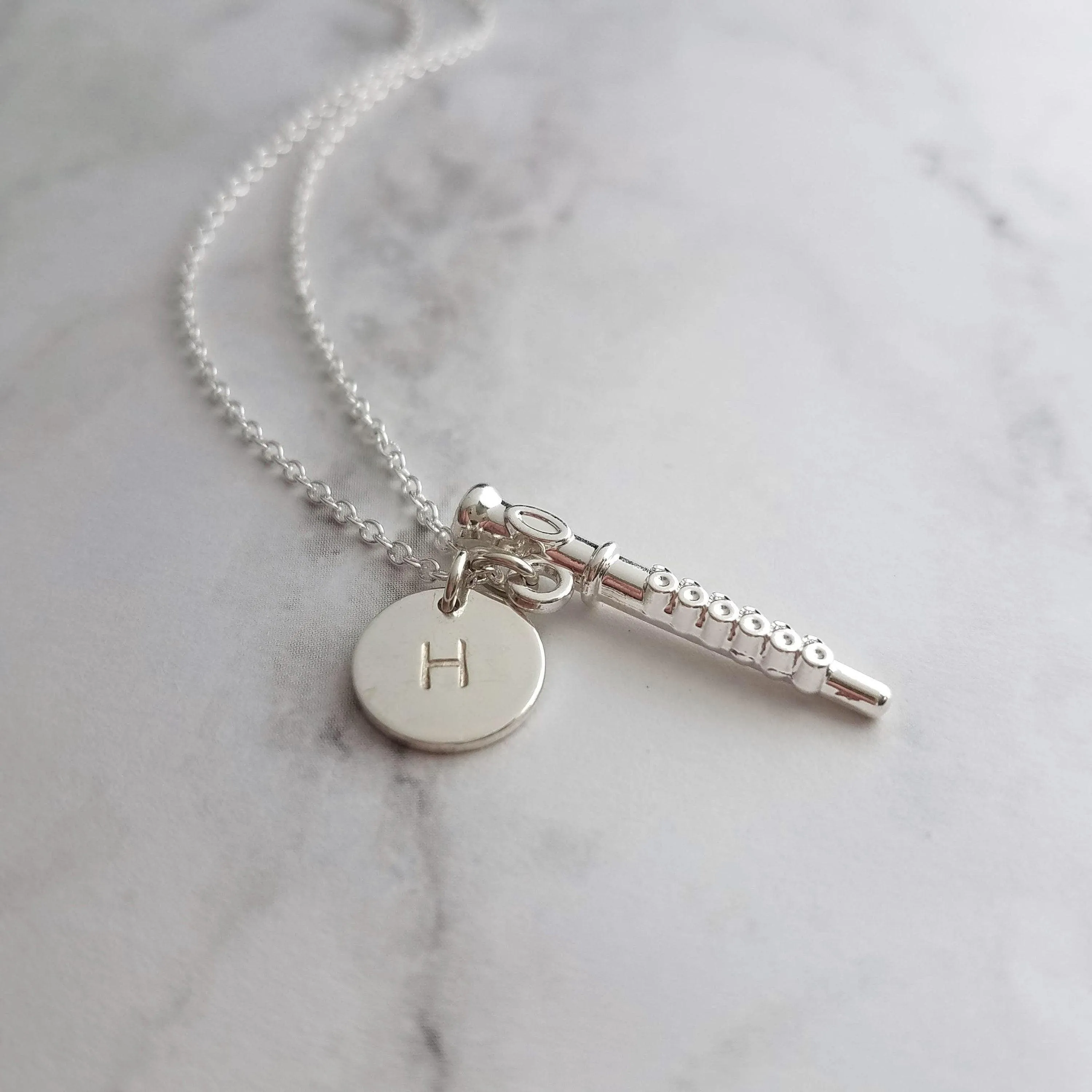 Flute Necklace, silver necklace, initial necklace, personalized necklace, flute charm necklace, piccolo pendant, flautist necklace orchestra