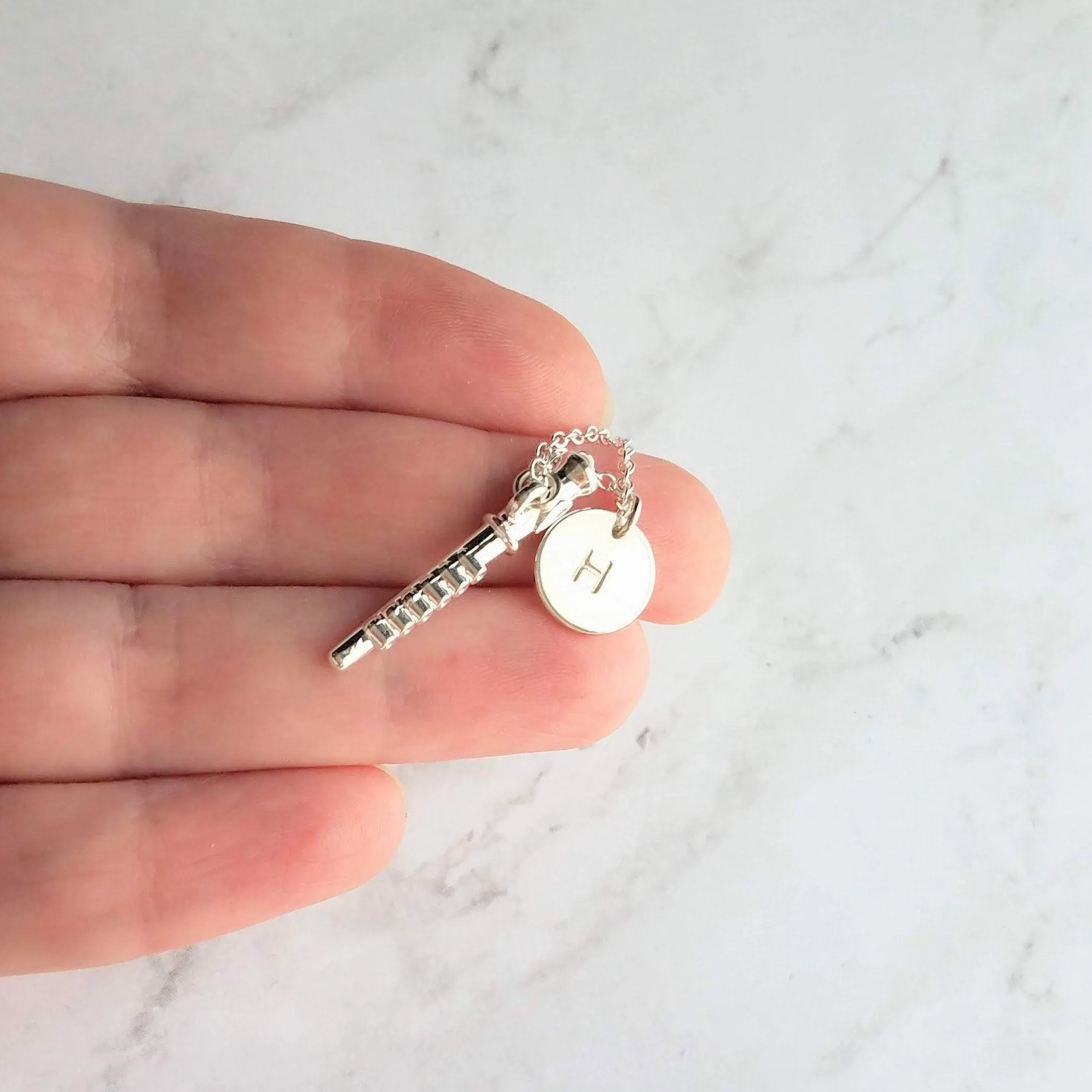 Flute Necklace, silver necklace, initial necklace, personalized necklace, flute charm necklace, piccolo pendant, flautist necklace orchestra
