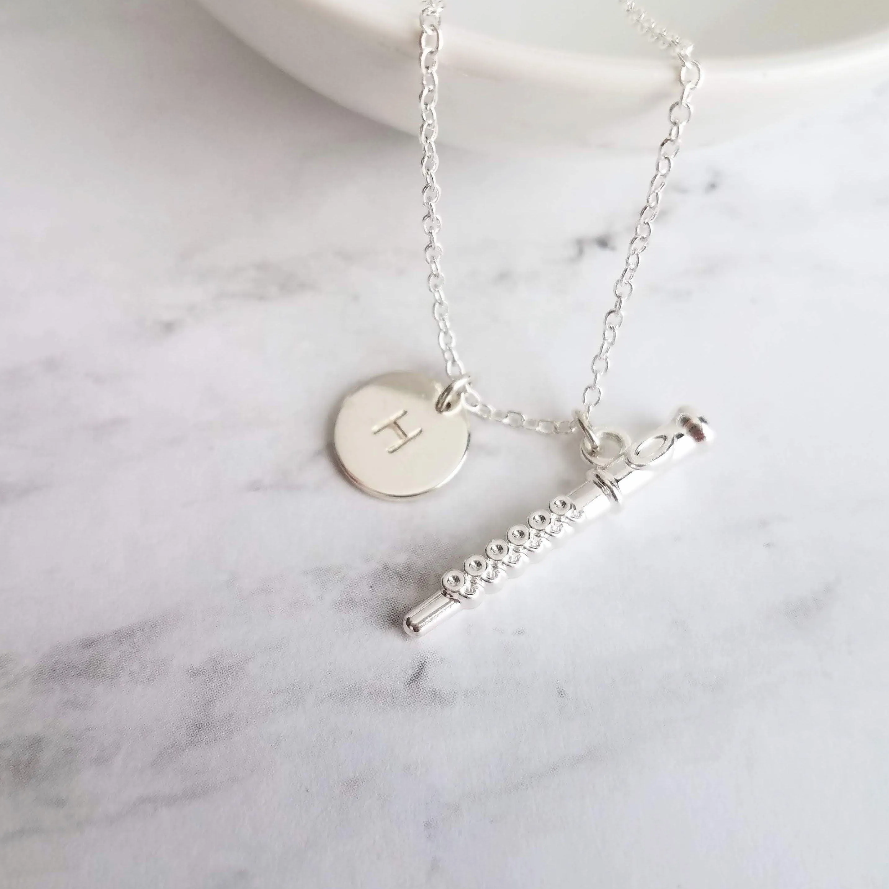 Flute Necklace, silver necklace, initial necklace, personalized necklace, flute charm necklace, piccolo pendant, flautist necklace orchestra