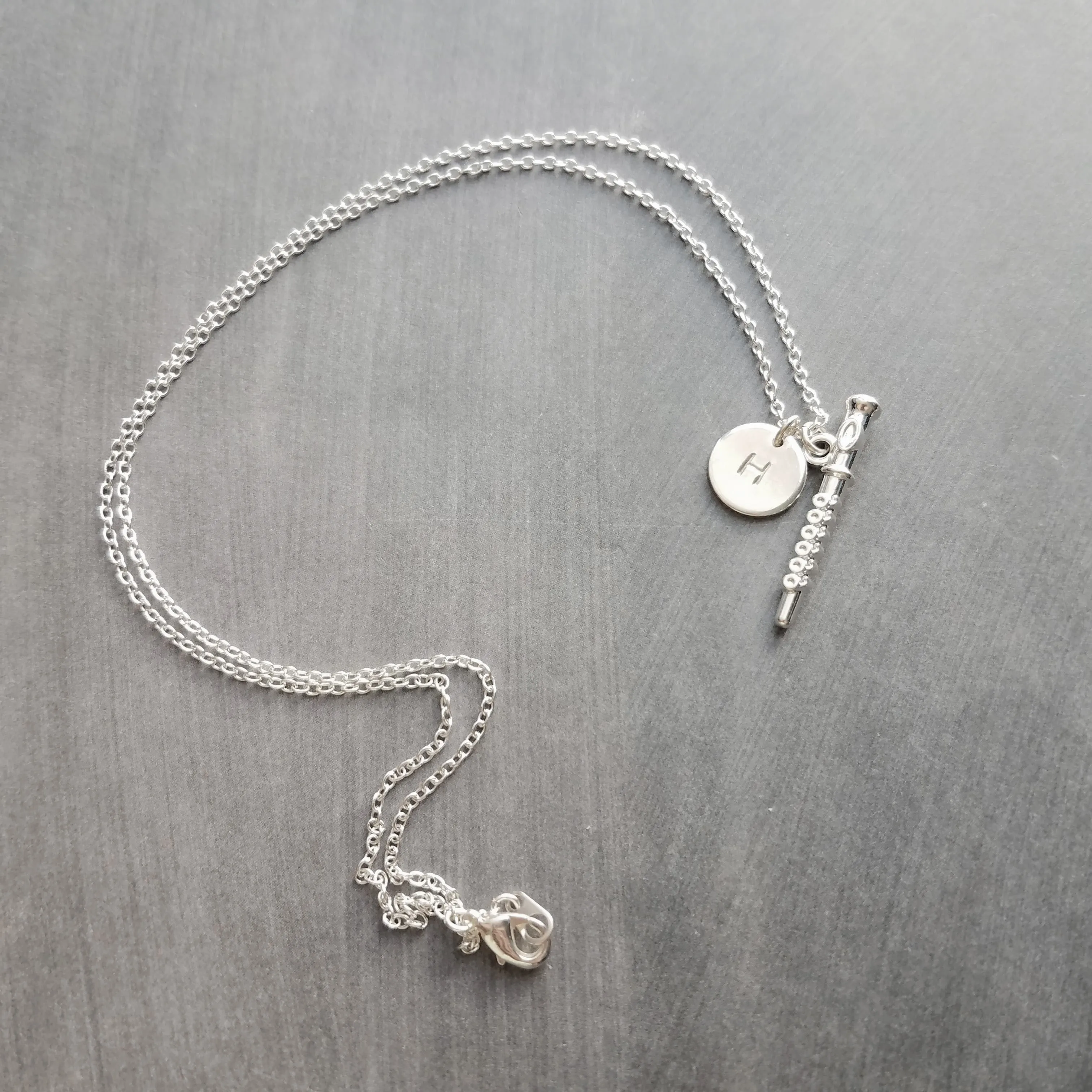 Flute Necklace, silver necklace, initial necklace, personalized necklace, flute charm necklace, piccolo pendant, flautist necklace orchestra