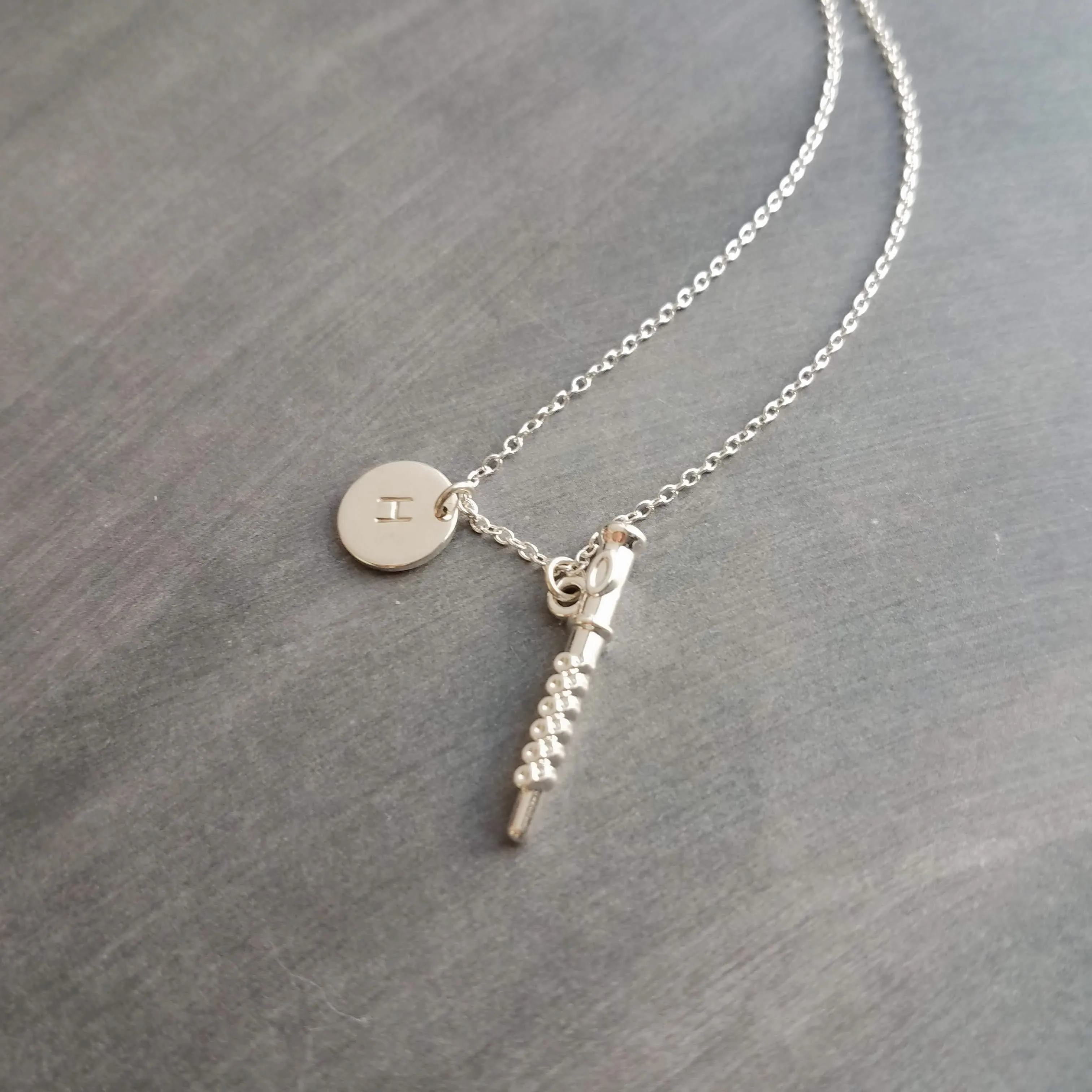 Flute Necklace, silver necklace, initial necklace, personalized necklace, flute charm necklace, piccolo pendant, flautist necklace orchestra