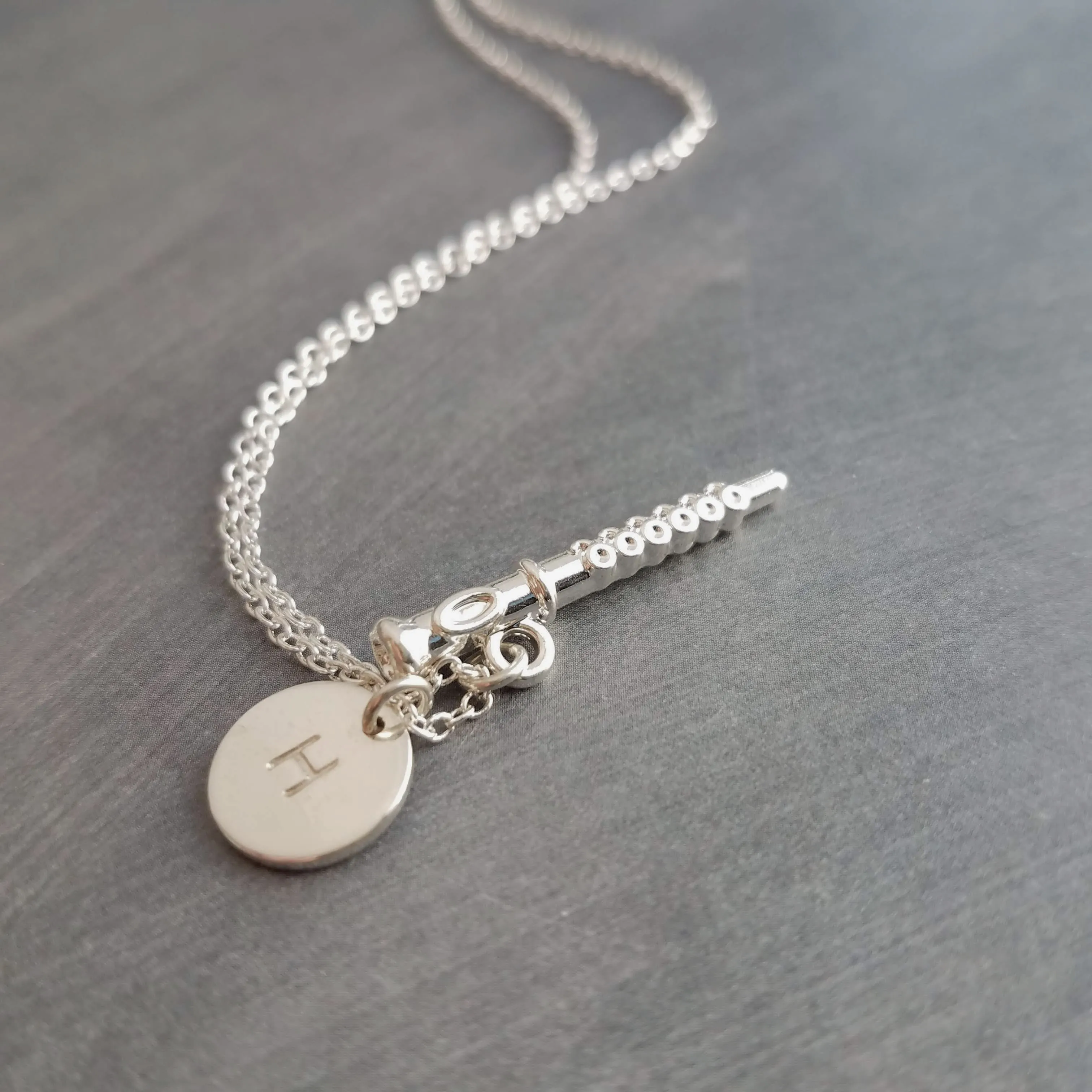 Flute Necklace, silver necklace, initial necklace, personalized necklace, flute charm necklace, piccolo pendant, flautist necklace orchestra