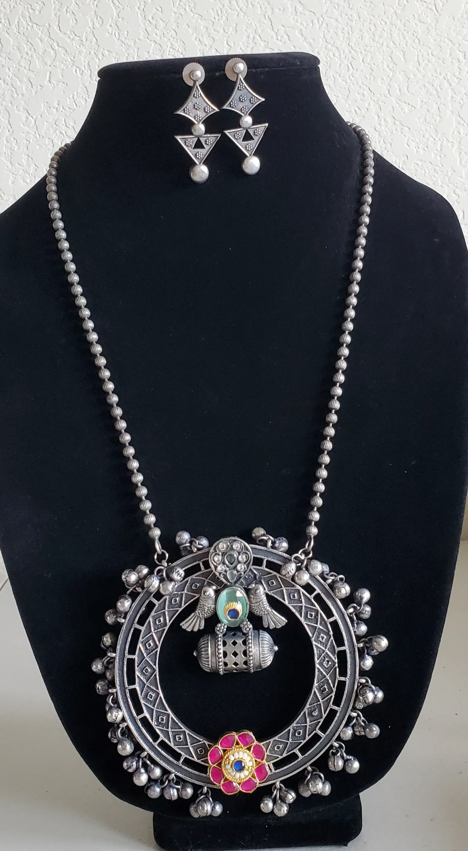 Fusion Style Pachi Kundan Over Sized Pendant Set With Oxidised Polish Ruby M79