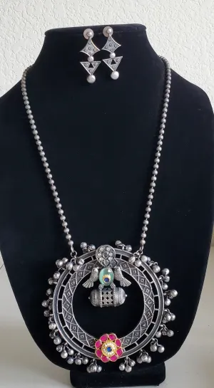 Fusion Style Pachi Kundan Over Sized Pendant Set With Oxidised Polish Ruby M79