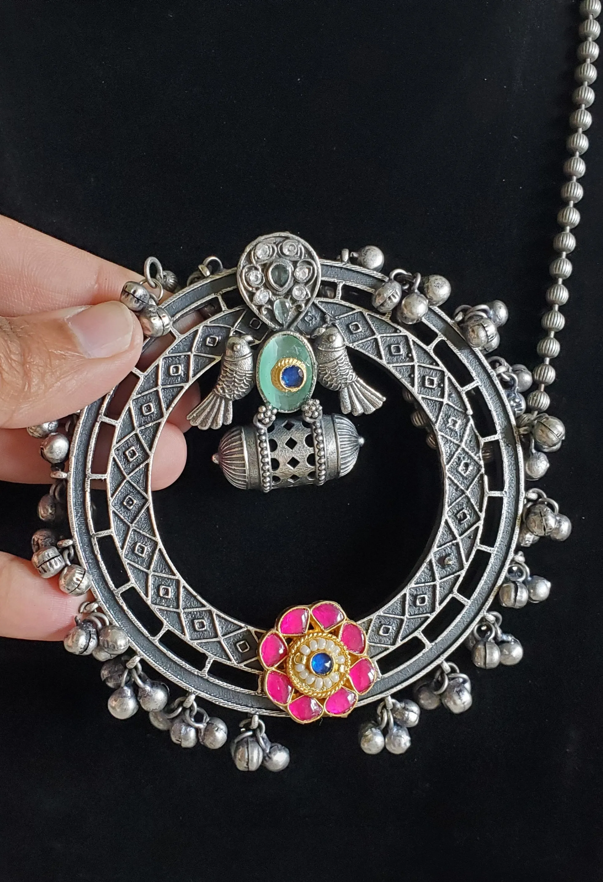 Fusion Style Pachi Kundan Over Sized Pendant Set With Oxidised Polish Ruby M79