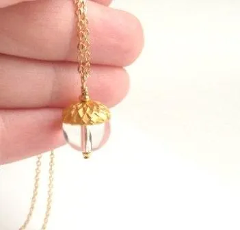 Gold Acorn Necklace, clear glass pendant, gold fall necklace, autumn necklace, small glass acorn, gold acorn charm, delicate thin gold chain