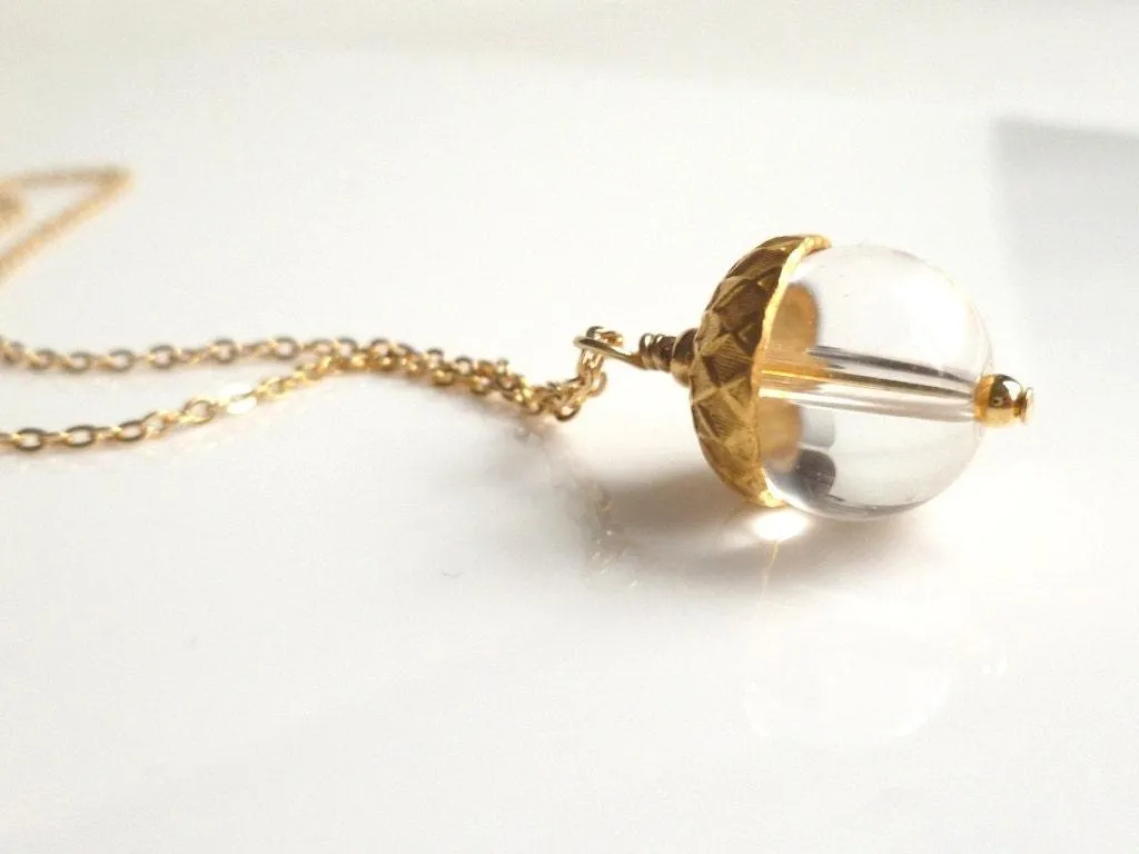 Gold Acorn Necklace, clear glass pendant, gold fall necklace, autumn necklace, small glass acorn, gold acorn charm, delicate thin gold chain