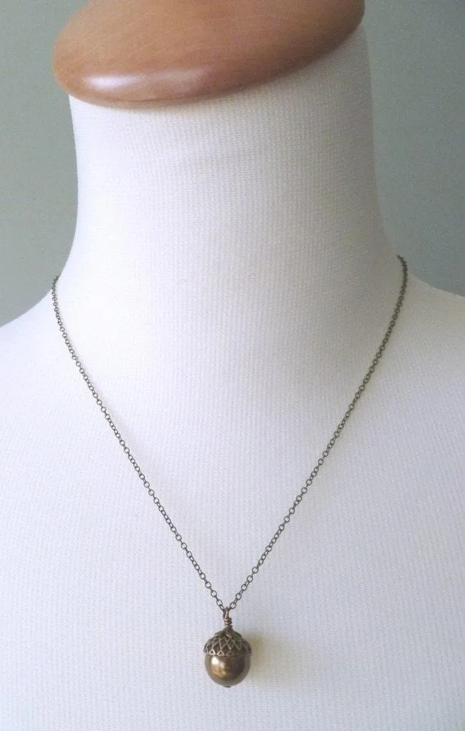 Gold Acorn Necklace, clear glass pendant, gold fall necklace, autumn necklace, small glass acorn, gold acorn charm, delicate thin gold chain