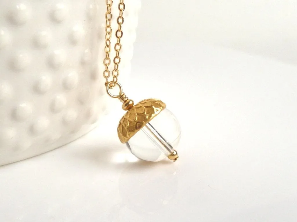 Gold Acorn Necklace, clear glass pendant, gold fall necklace, autumn necklace, small glass acorn, gold acorn charm, delicate thin gold chain
