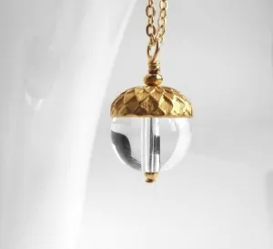 Gold Acorn Necklace, clear glass pendant, gold fall necklace, autumn necklace, small glass acorn, gold acorn charm, delicate thin gold chain