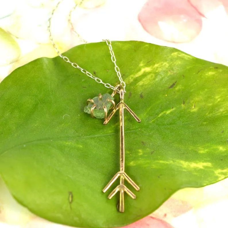 Gold Arrow Pendant & Raw Gemstone Necklace