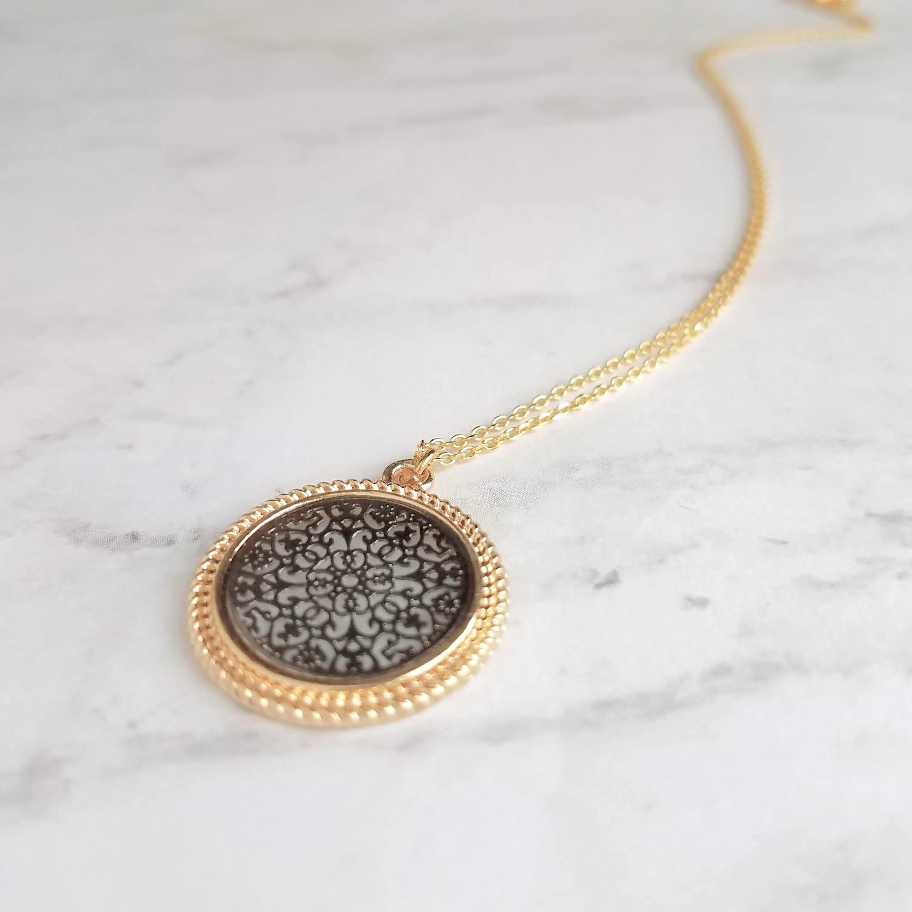Gold Black Medallion Necklace, gold medallion pendant, cut out pendant, filigree necklace, round medallion necklace lacy black gold necklace