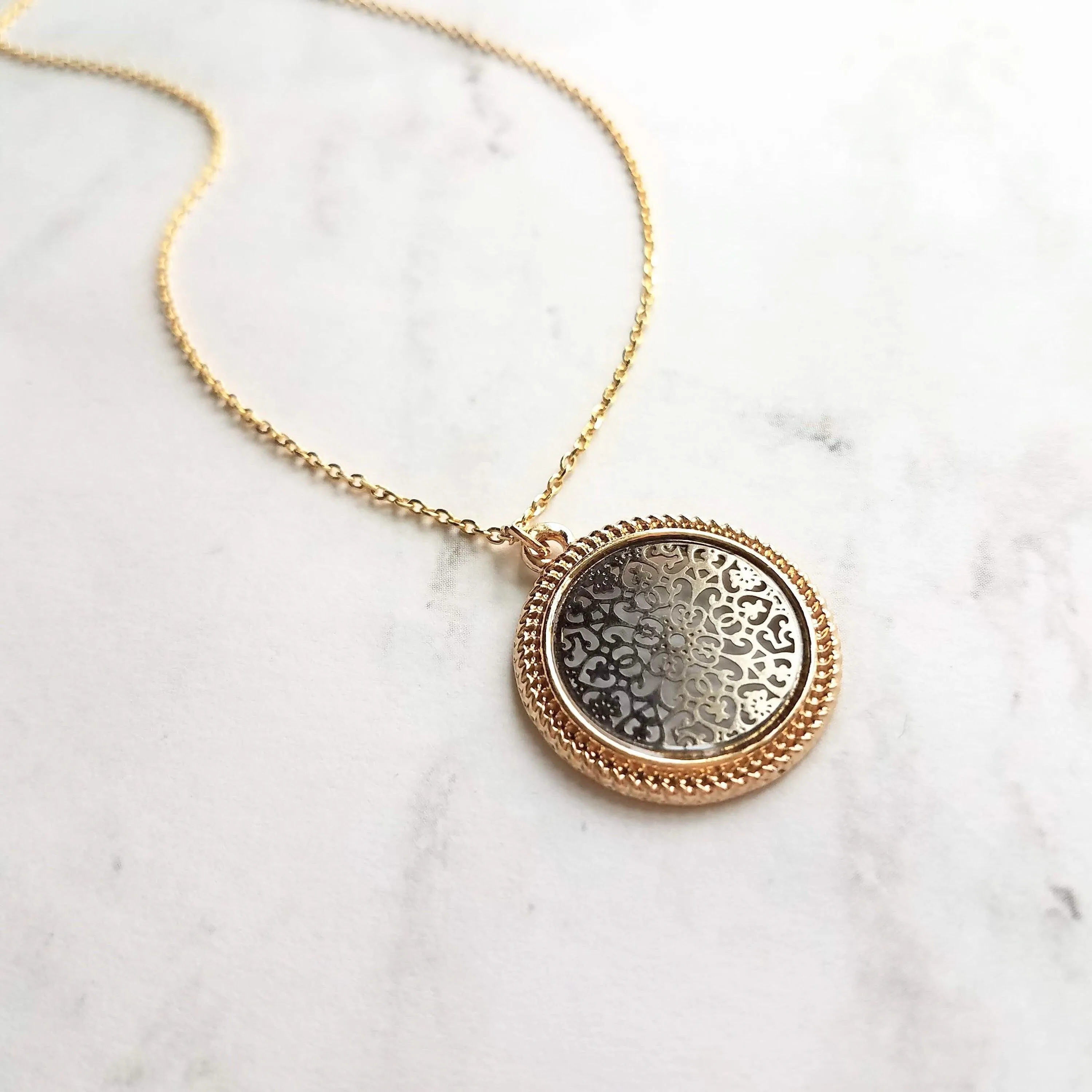 Gold Black Medallion Necklace, gold medallion pendant, cut out pendant, filigree necklace, round medallion necklace lacy black gold necklace