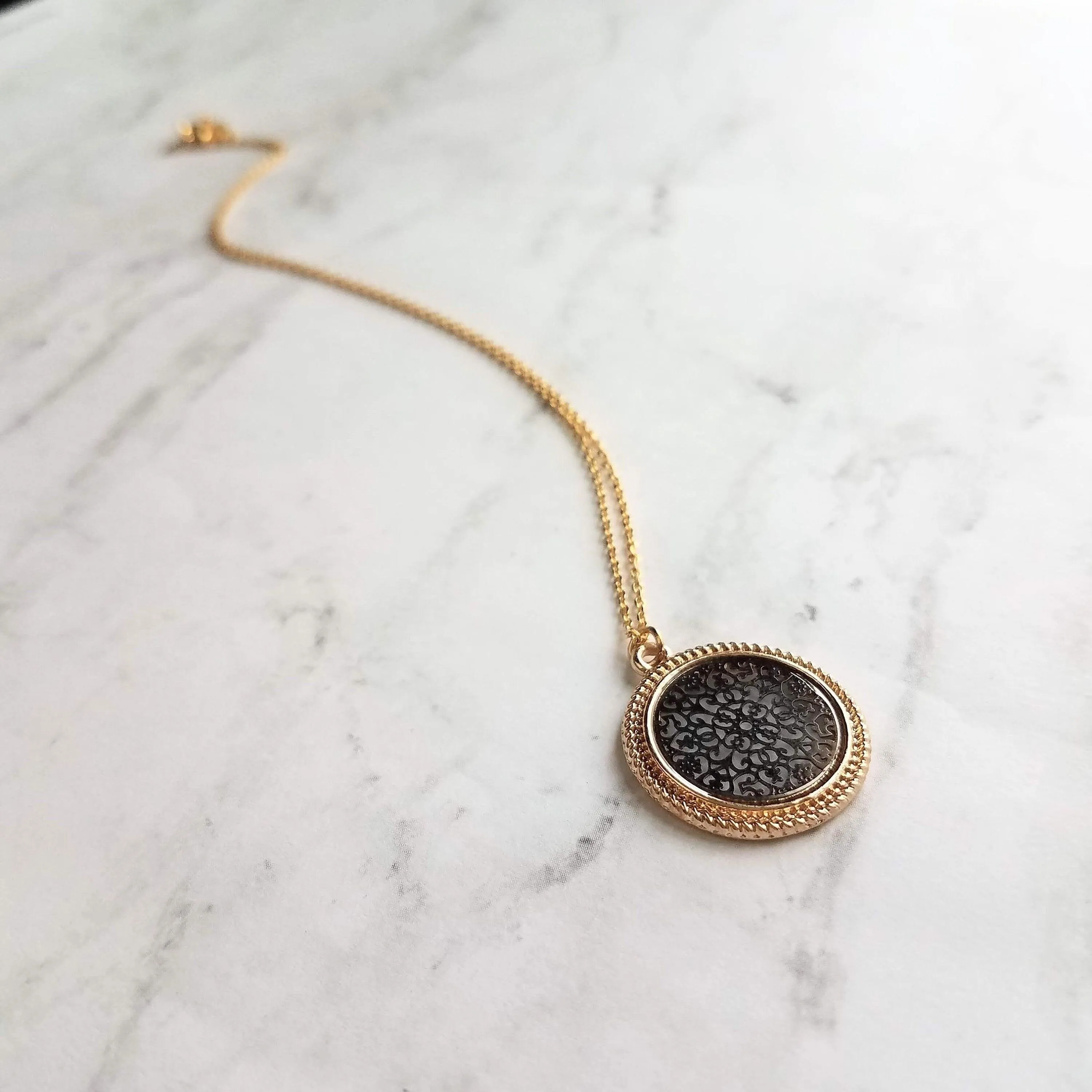 Gold Black Medallion Necklace, gold medallion pendant, cut out pendant, filigree necklace, round medallion necklace lacy black gold necklace