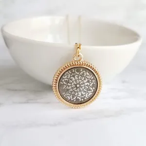 Gold Black Medallion Necklace, gold medallion pendant, cut out pendant, filigree necklace, round medallion necklace lacy black gold necklace