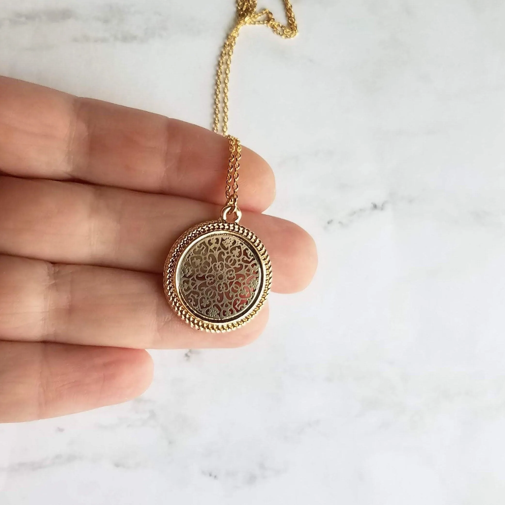 Gold Black Medallion Necklace, gold medallion pendant, cut out pendant, filigree necklace, round medallion necklace lacy black gold necklace