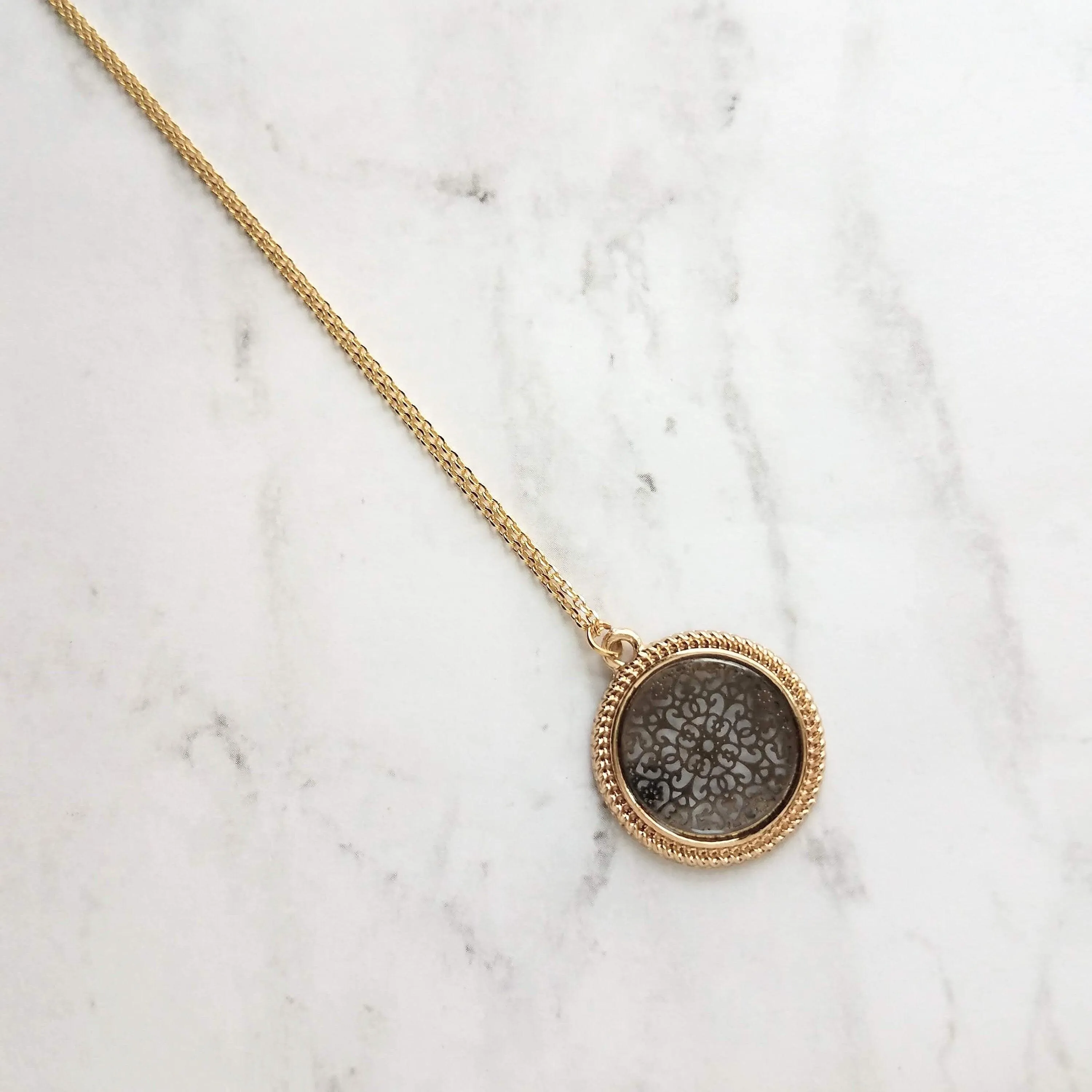 Gold Black Medallion Necklace, gold medallion pendant, cut out pendant, filigree necklace, round medallion necklace lacy black gold necklace