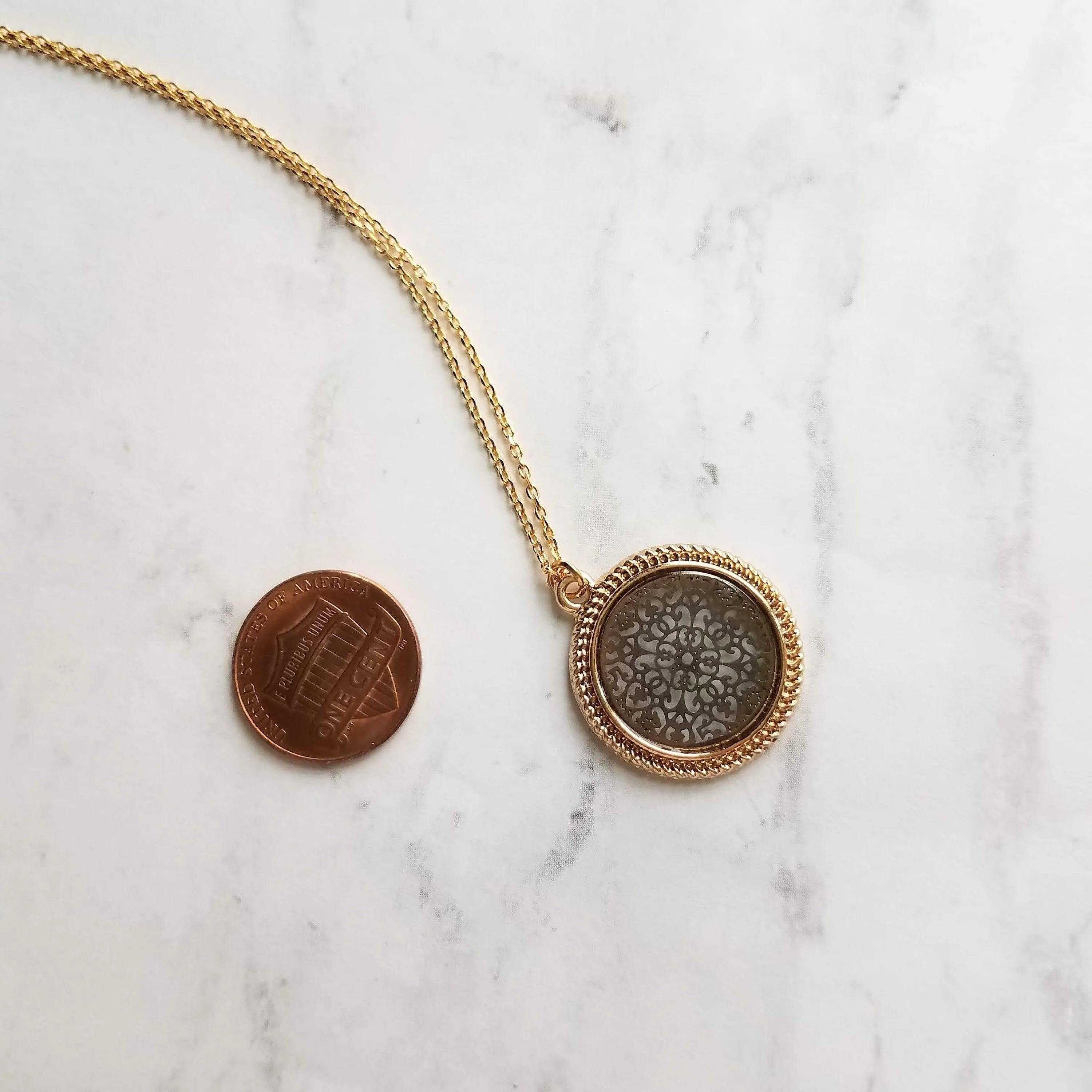 Gold Black Medallion Necklace, gold medallion pendant, cut out pendant, filigree necklace, round medallion necklace lacy black gold necklace